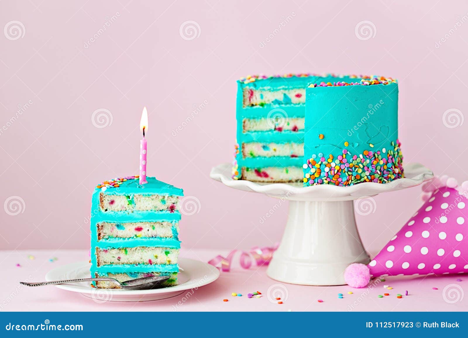 Colorful Birthday Cake with One Candle Stock Image Image of baking