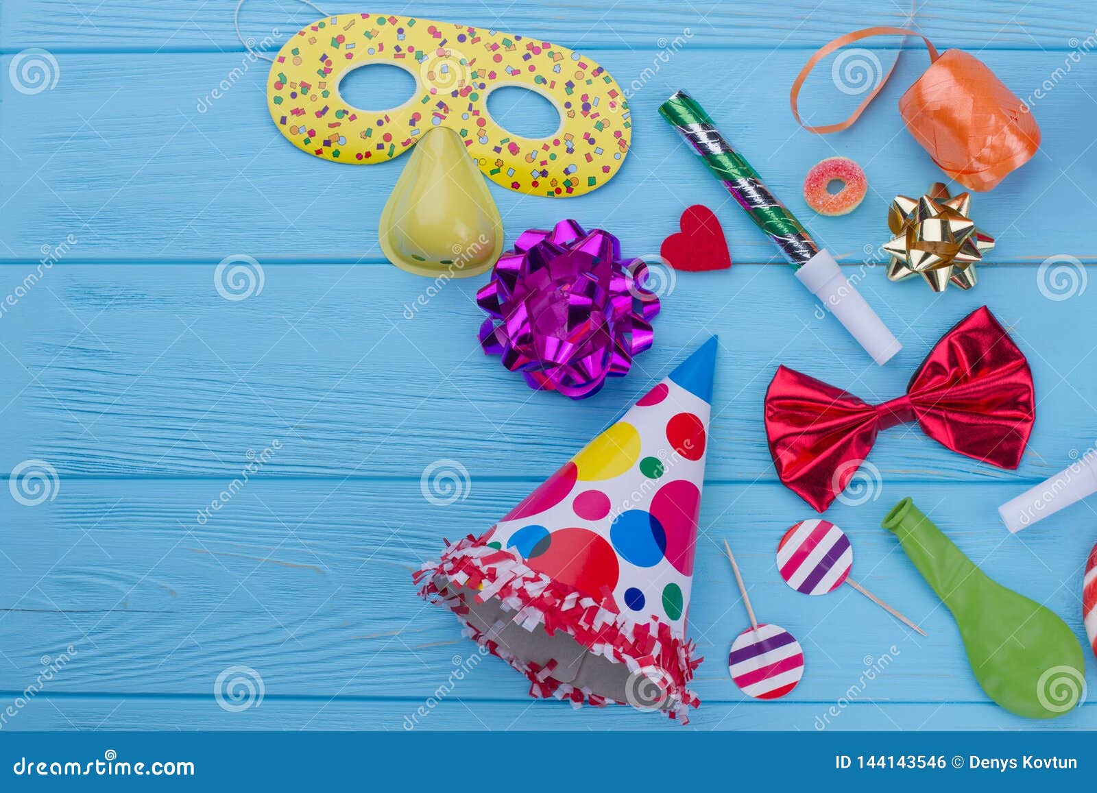 Colorful Birthday Decorations on Wooden Background. Stock Photo - Image of  childhood, clown: 144143546