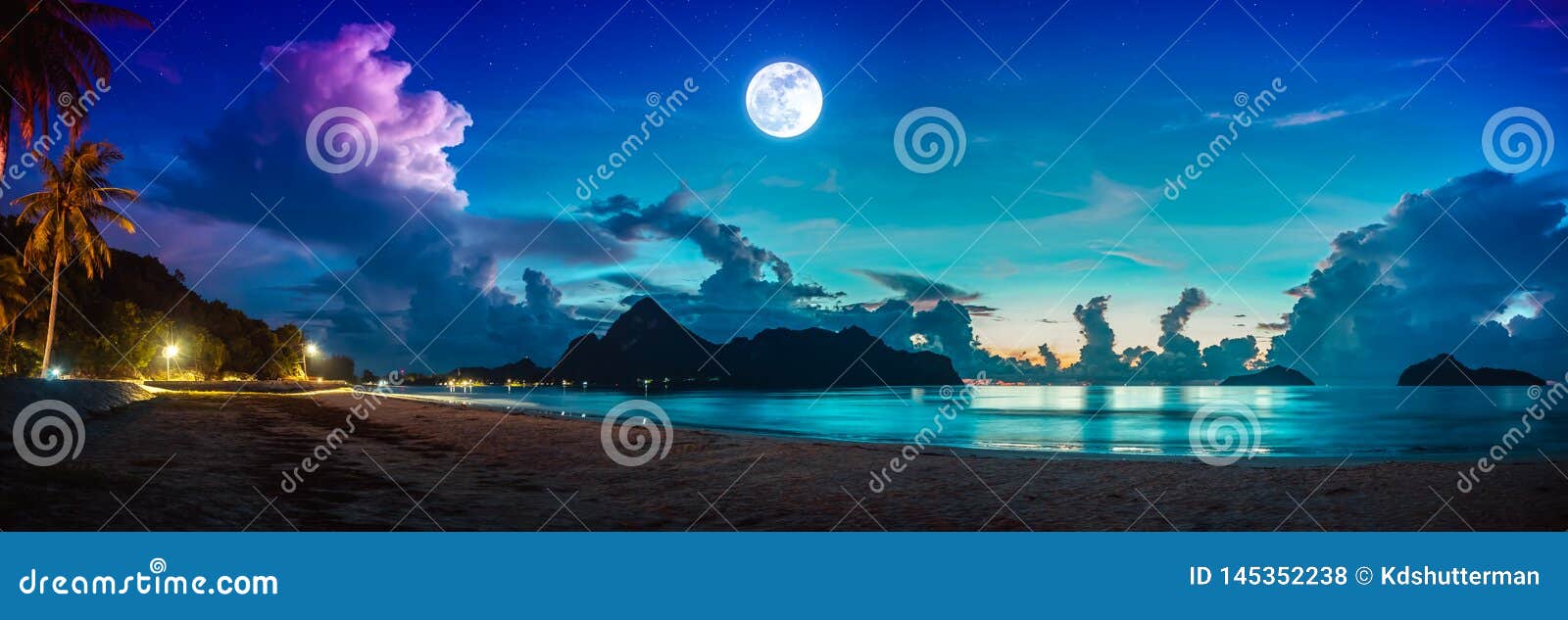 colorful blue sky with cloud and bright full moon on seascape to night