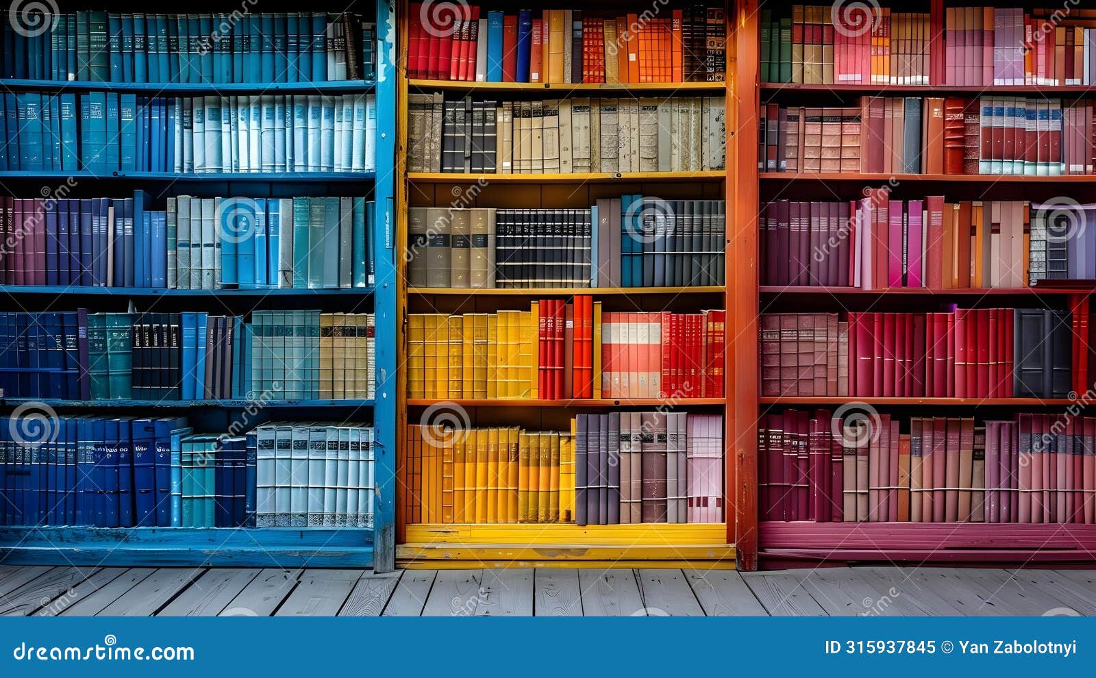colorful bookshelf filled with a variety of books creating a vibrant background. concept library