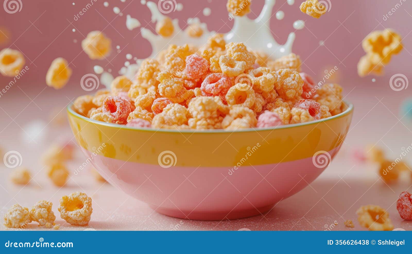 colorful bowl of frosted cereal splashing with milk on pink background