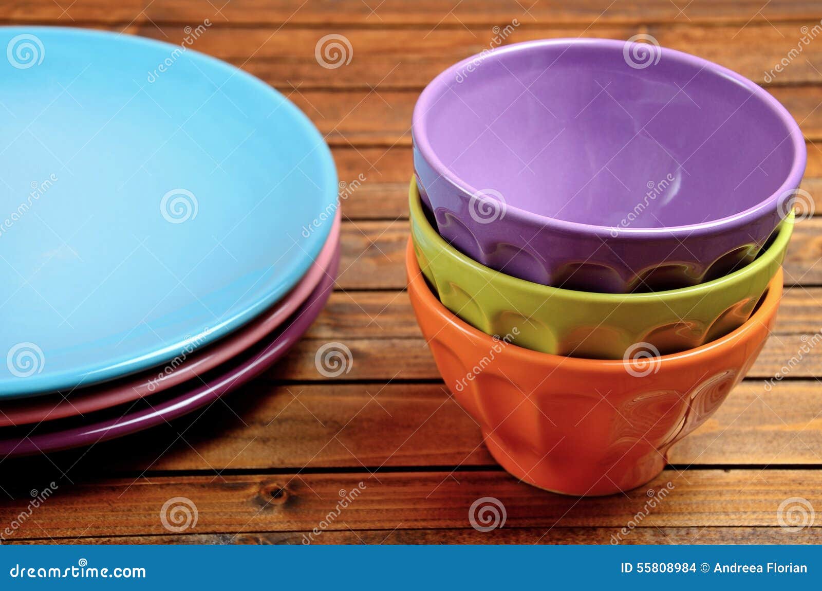 Colorful Bowl and Plate on Table Stock Photo Image of green, dishware