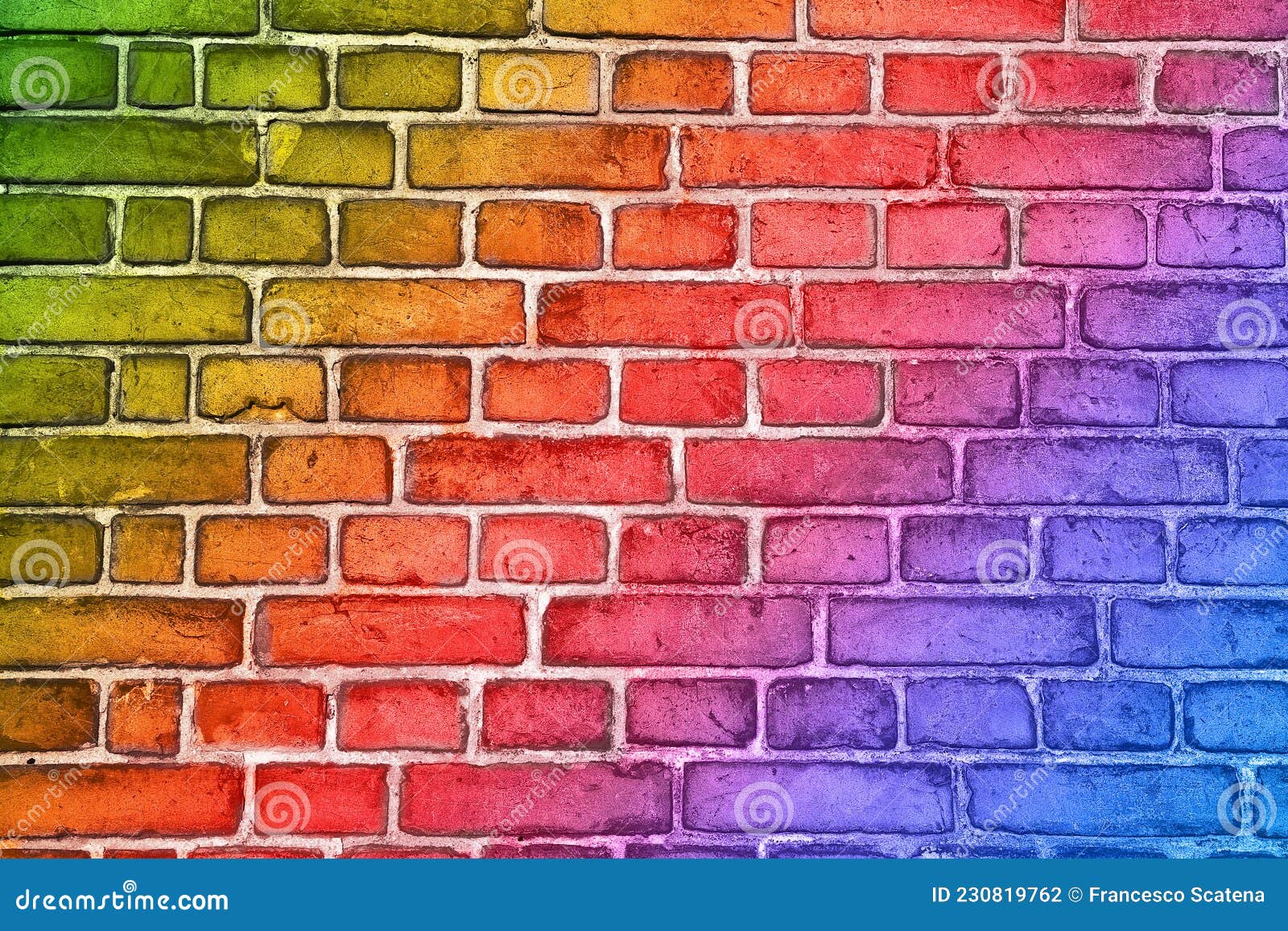 Colorful Brick Wall Background with Multi Colored Rainbow Effect Stock