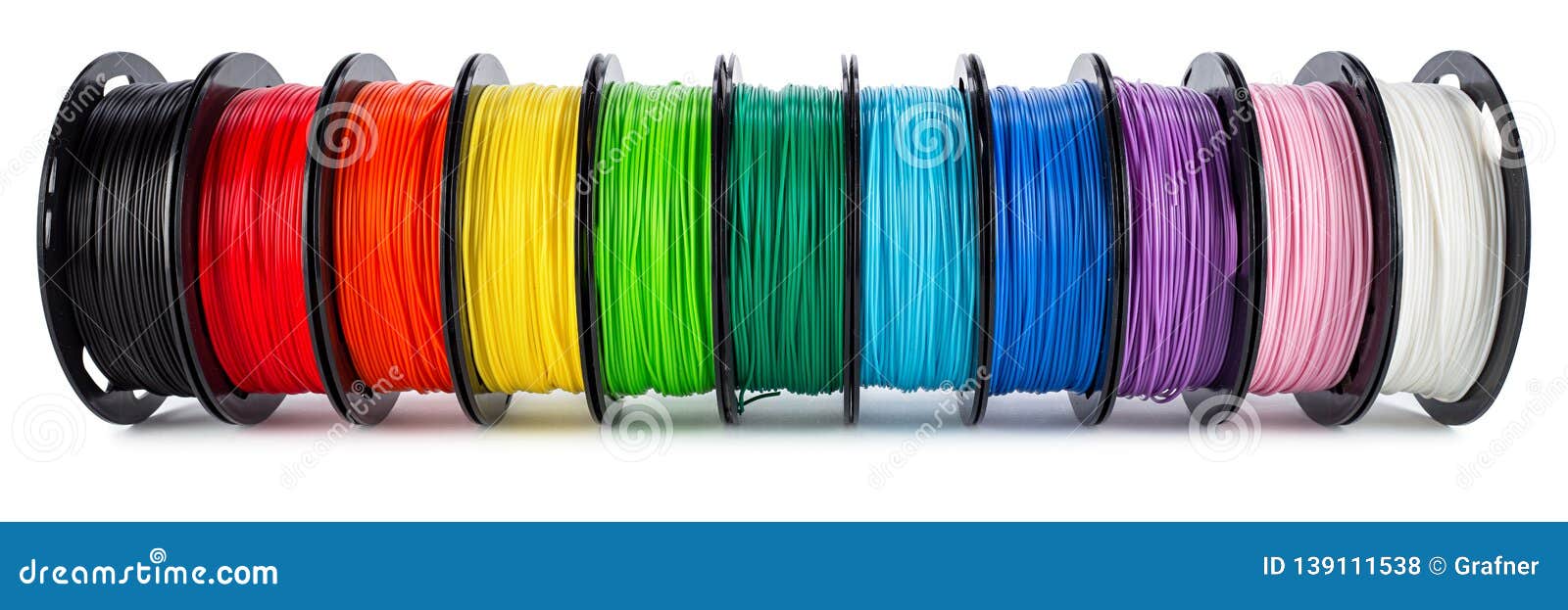 colorful bright wide panorama row of spool 3d printer filament