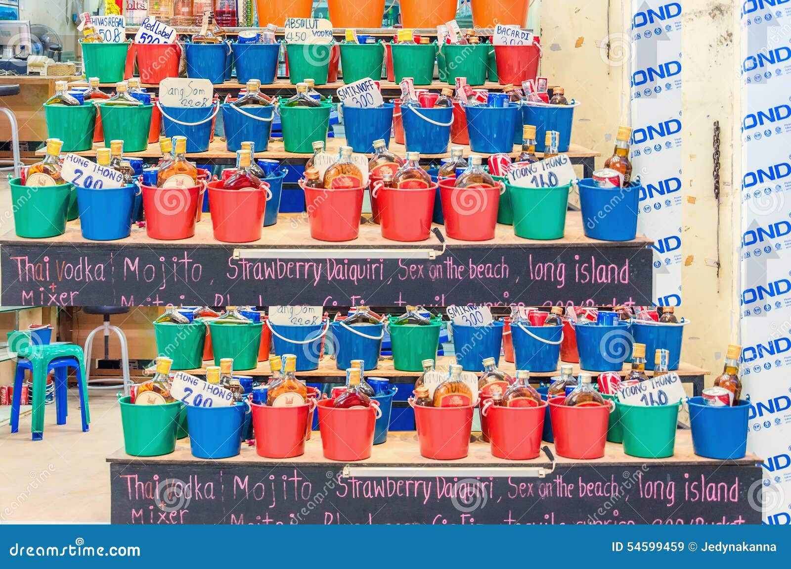 Colorful Buckets with Drinks To Buy, Thailand Editorial Stock Image