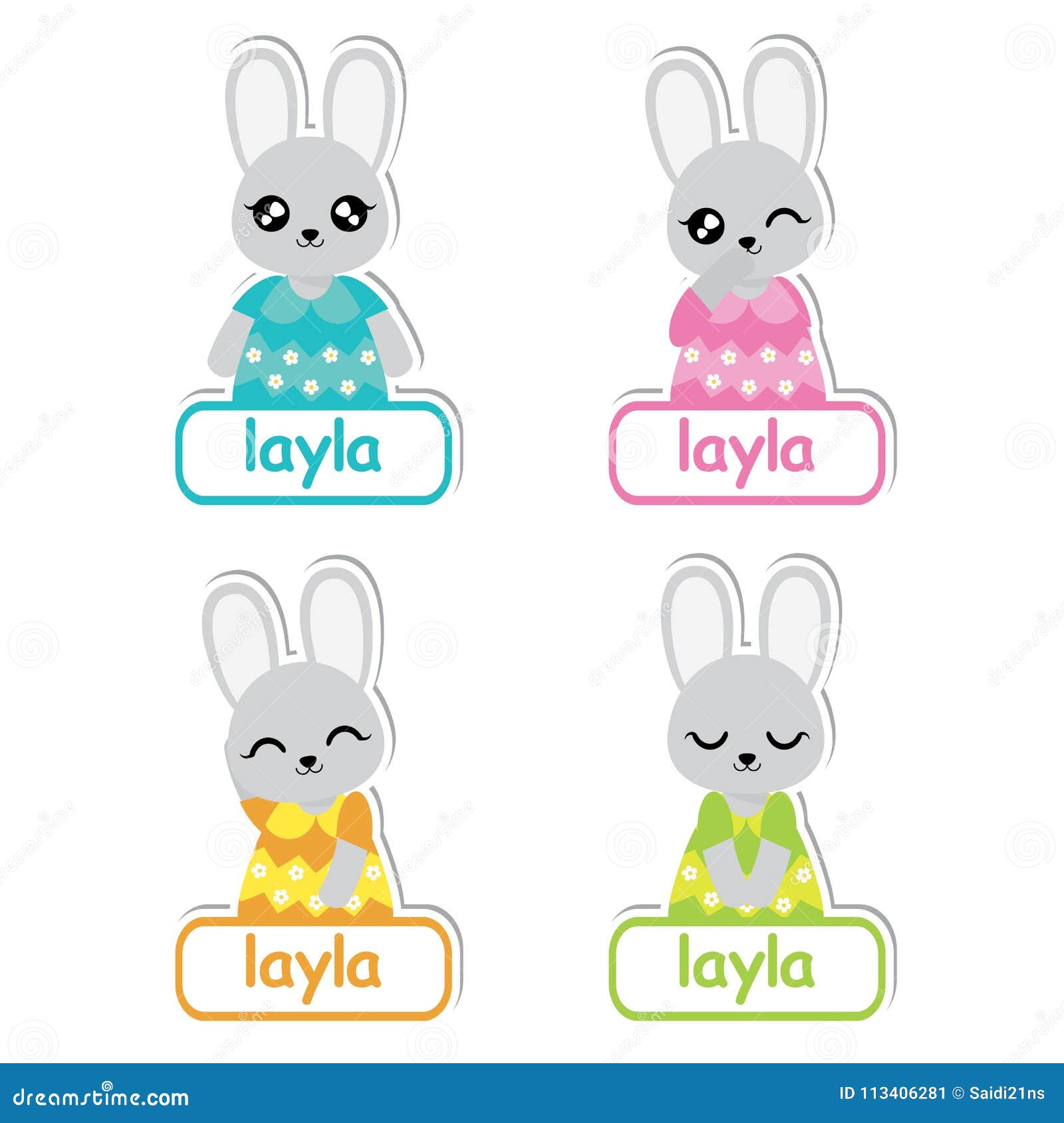 Colorful Bunny Girls Suitable For Kid Name Tag Set Design Stock