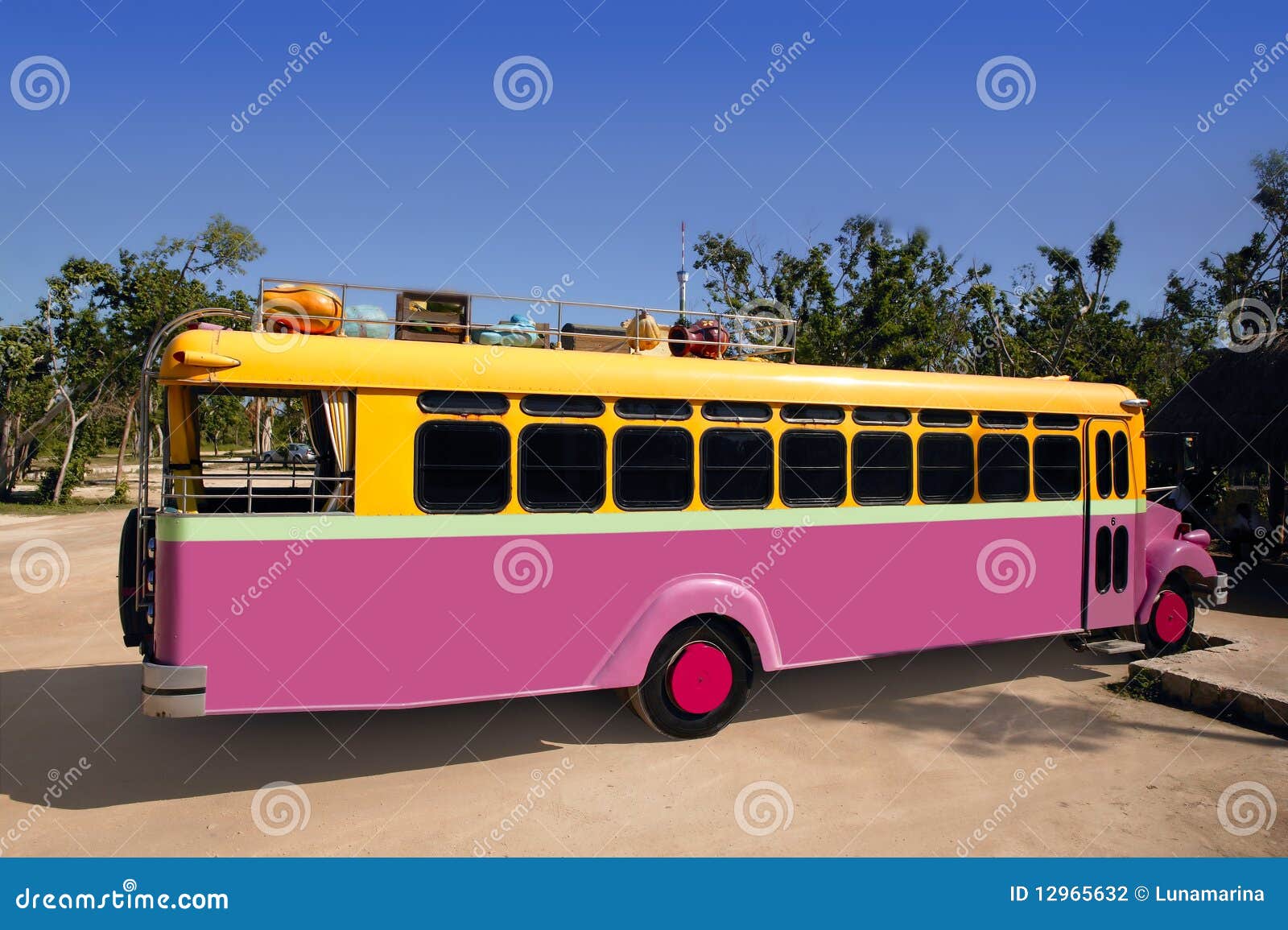 colorful bus yellow and pink touristic tropical