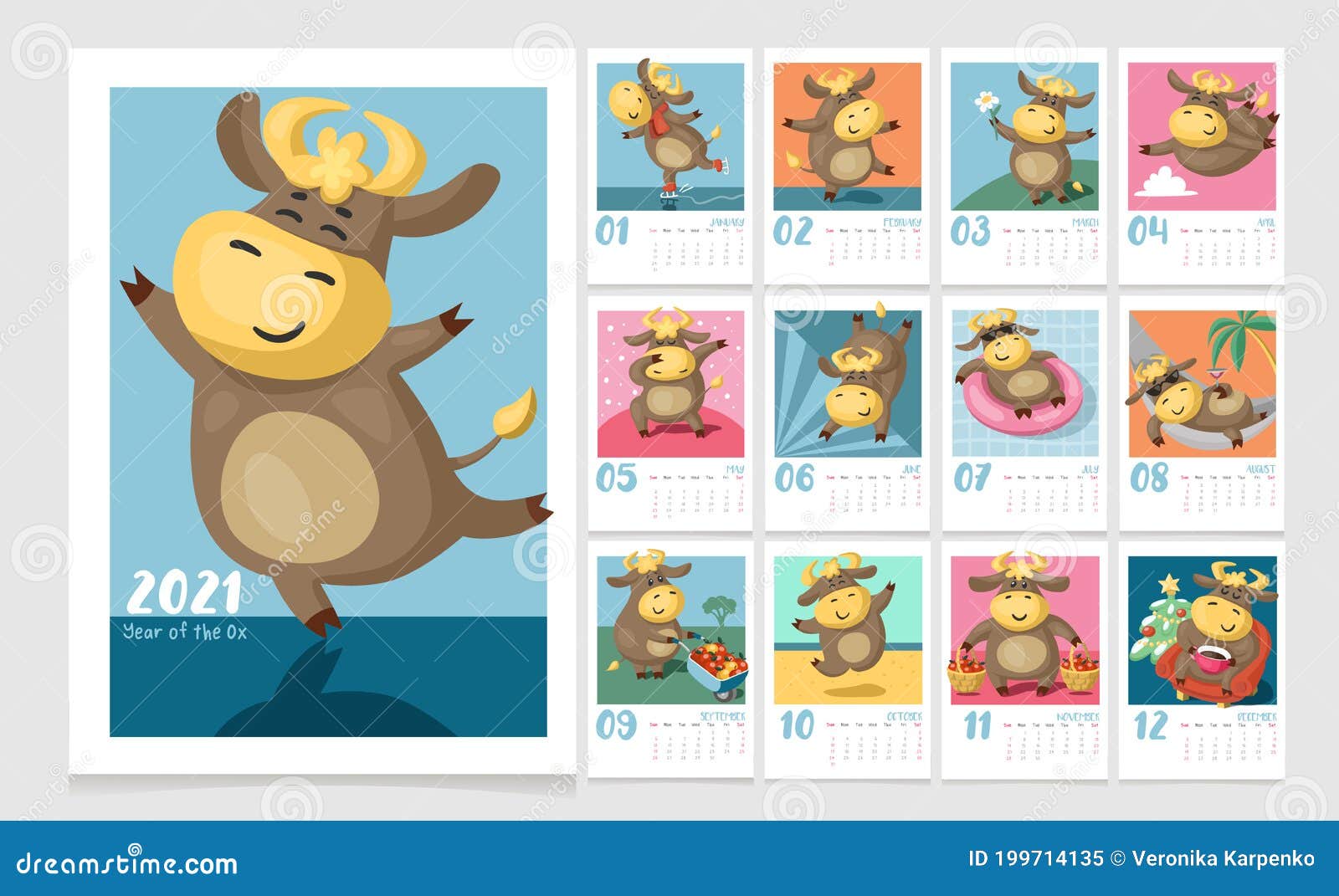 colorful calendar for kids for 2021 year of the ox. 12 monthly pages.