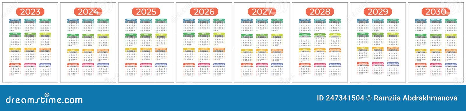 Colorful Calendar 2023, 2024, 2025 To 2030. Color Vector Pocket