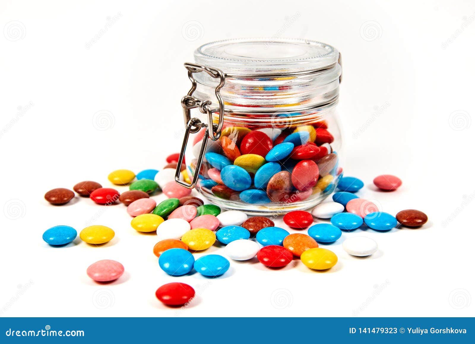 Colorful Candies in Glass Jar Scattered Isolated on White Stock Image ...