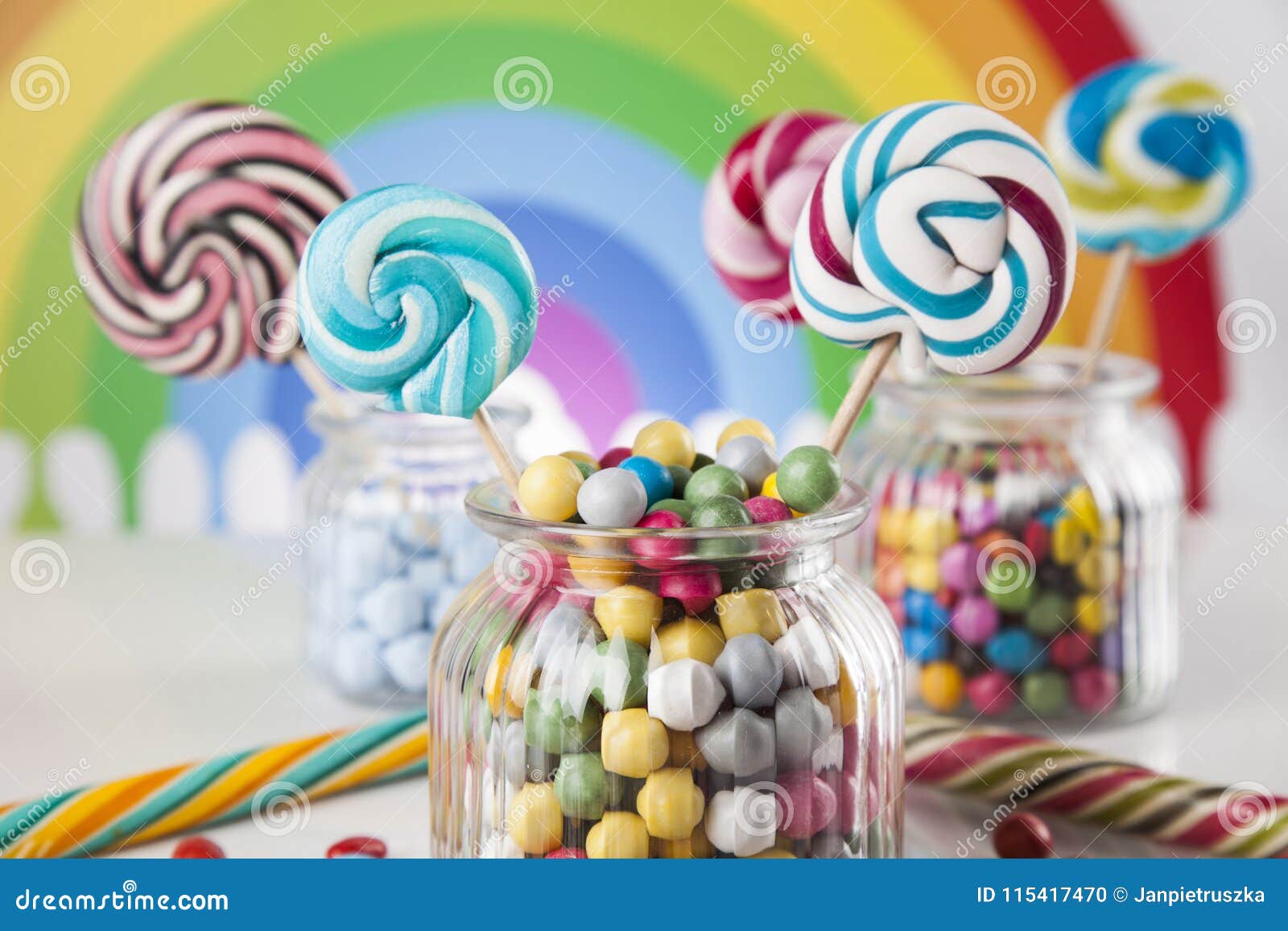 Colorful Candies in Jars on Table on Gum Balls Stock Photo - Image of ...