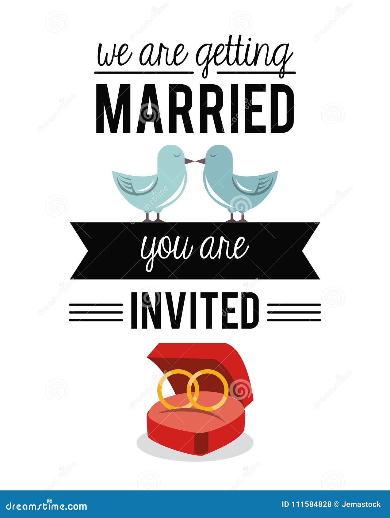 colorful card of invited of we are getting married with wedding rings and pigeons