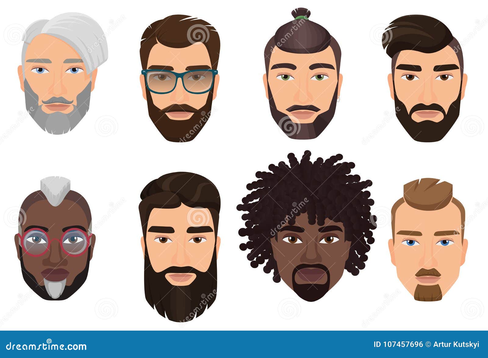 Colorful Cartoon Hipsters Bearded Men Guys Avatars with Different Hairstyles,  Beards and Mustaches Isolated. Stock Vector - Illustration of background,  cool: 107457696