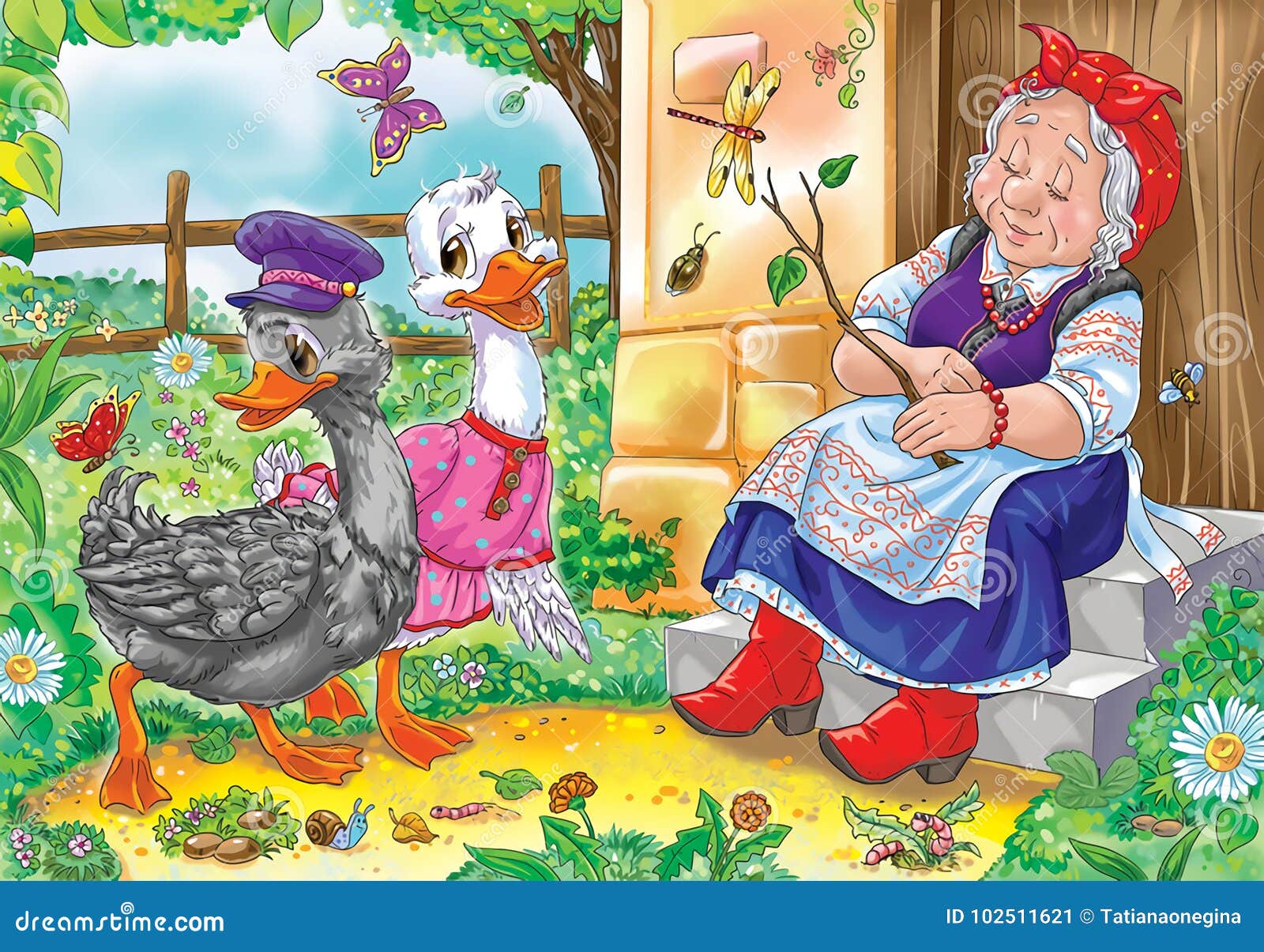 Old Farm Woman with Two Geese Stock Illustration - Illustration of ...