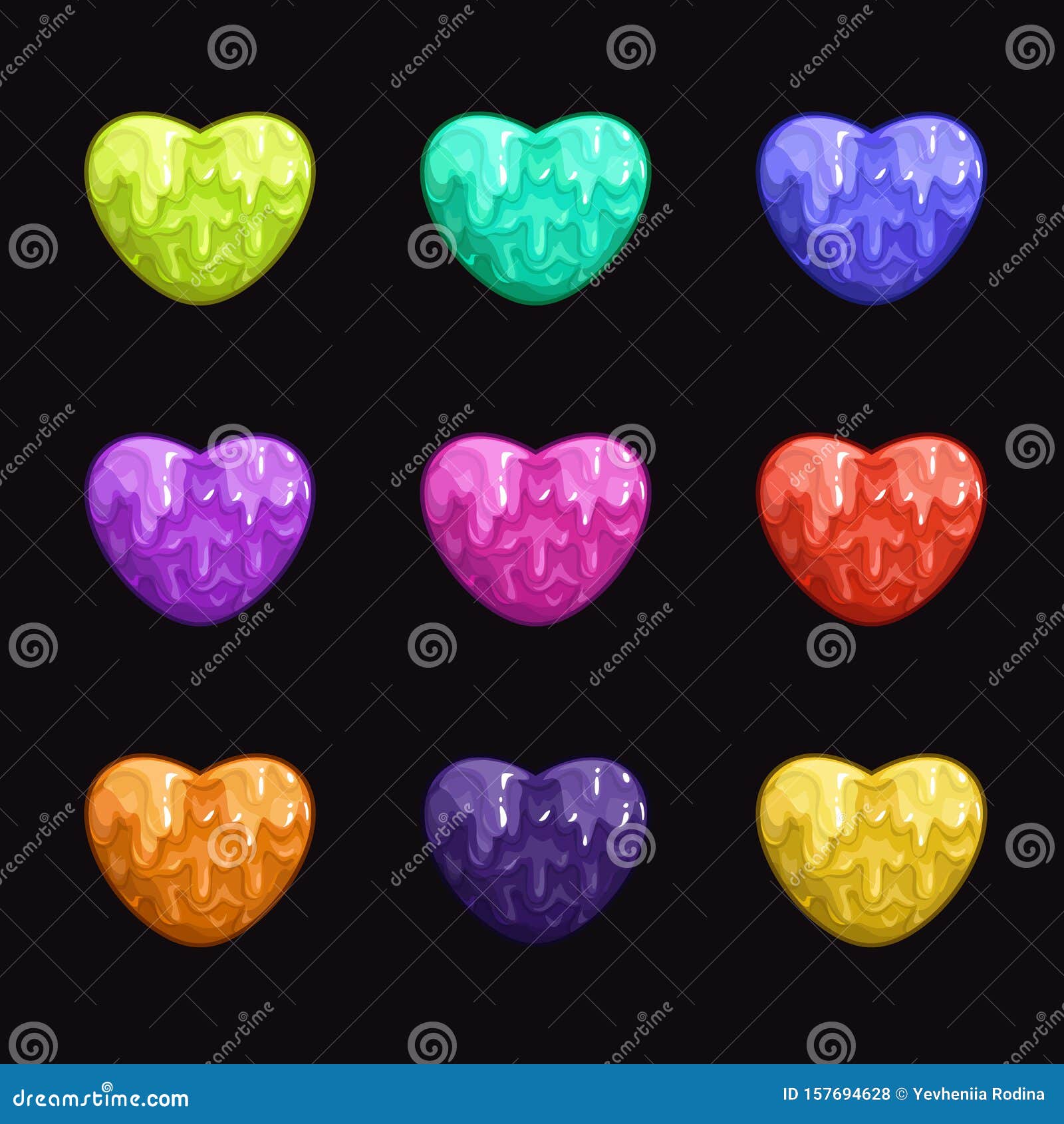 colorful cartoon slime hearts.  icons for game .