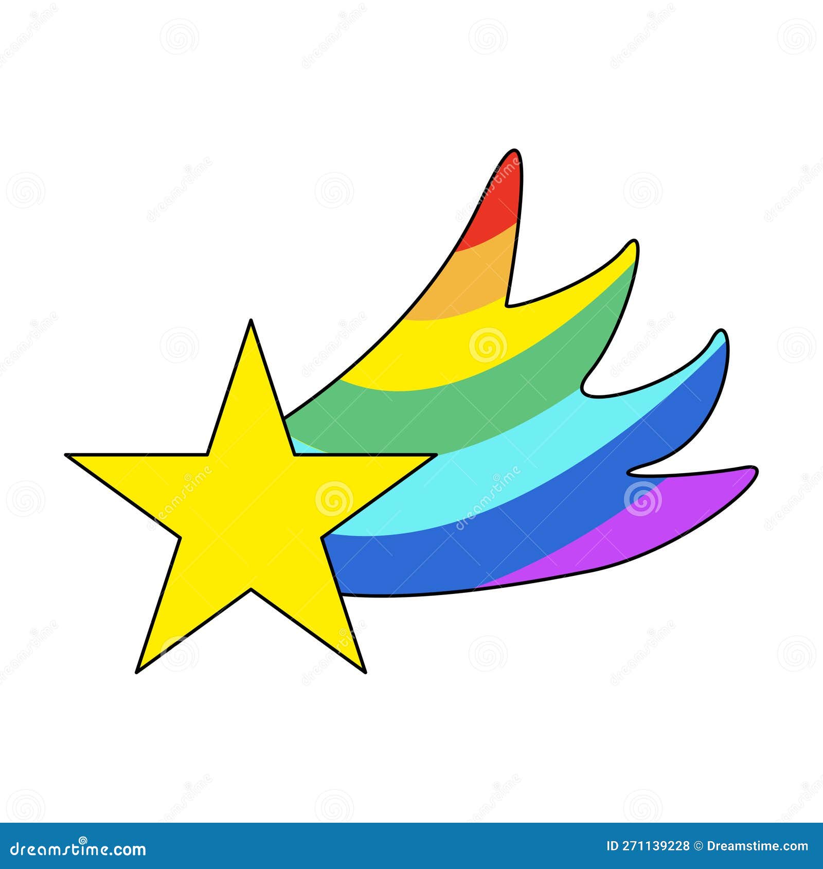 Colorful Cartoon Star with Rainbow Tail, Doodle Style Flat Vector Stock