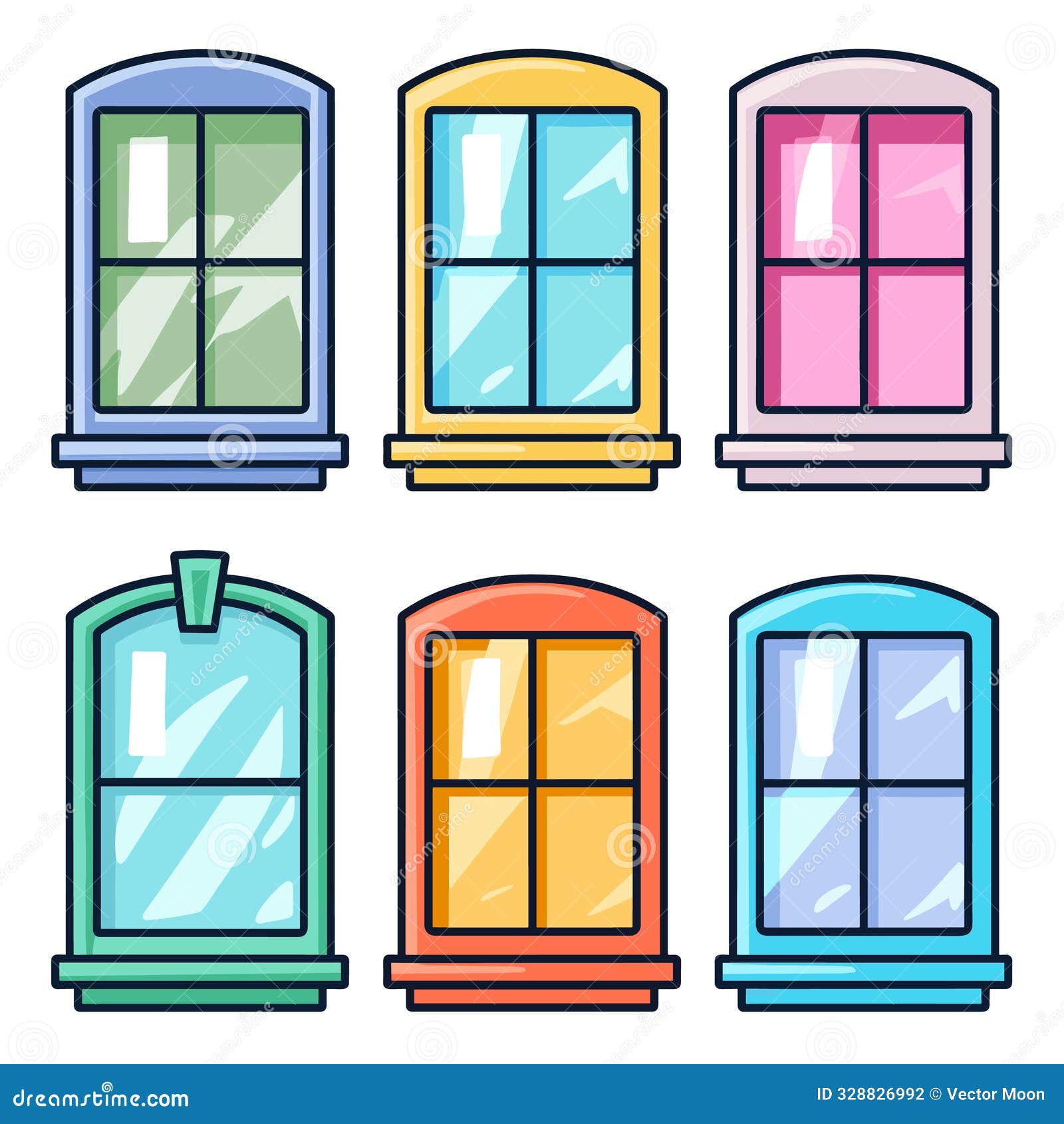 colorful cartoon windows  set  white background. different window s