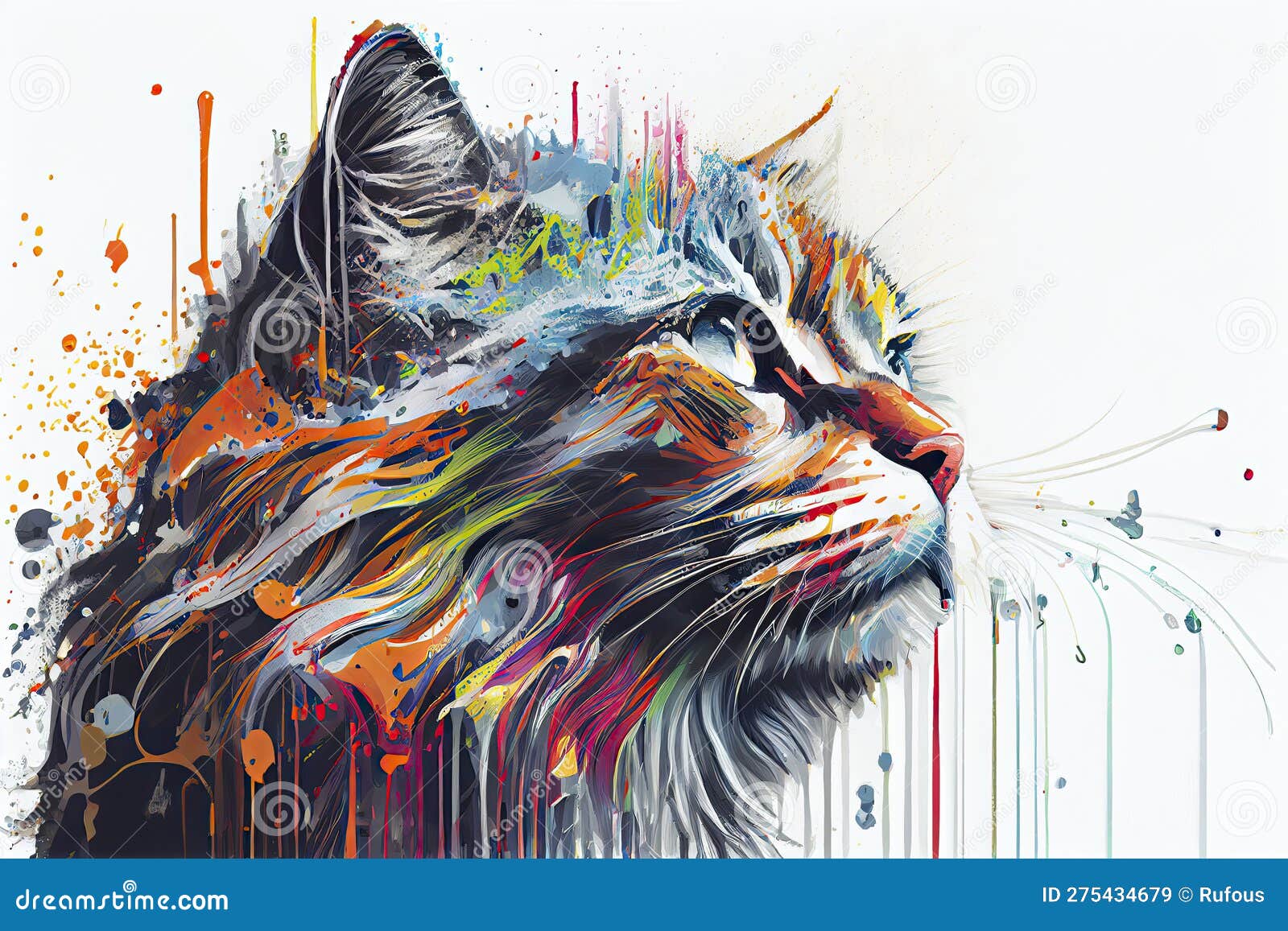 colorful cat,white background,dripping art