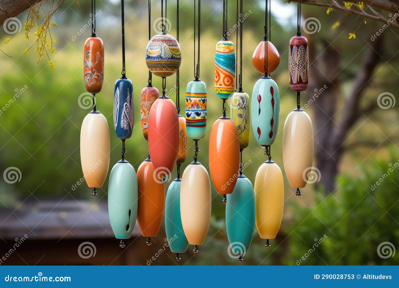Colorful Ceramic Wind Chimes Swaying in a Gentle Breeze Stock Image