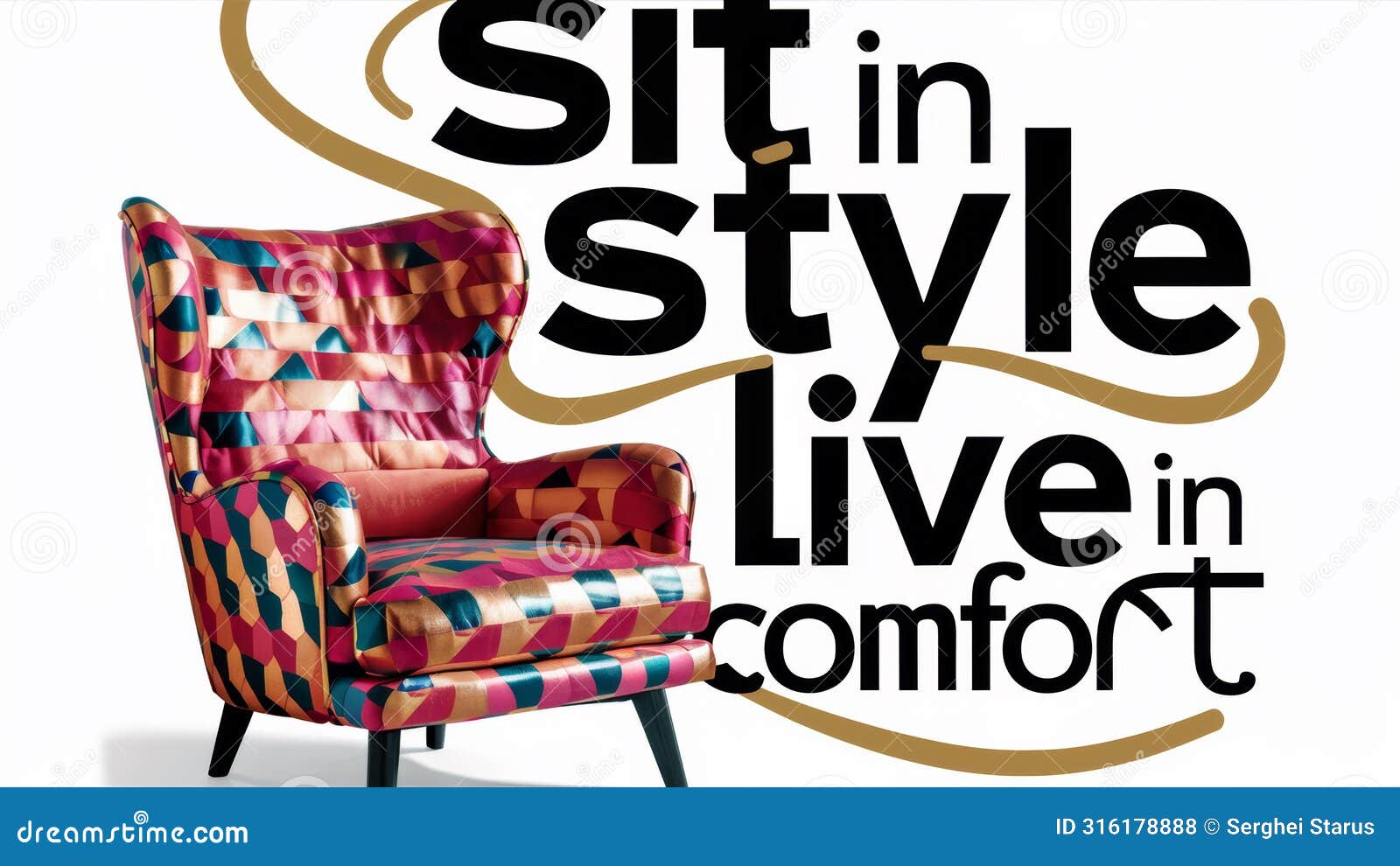 a colorful chair with a bright pattern on it and the words sit in style live comfortably, ai