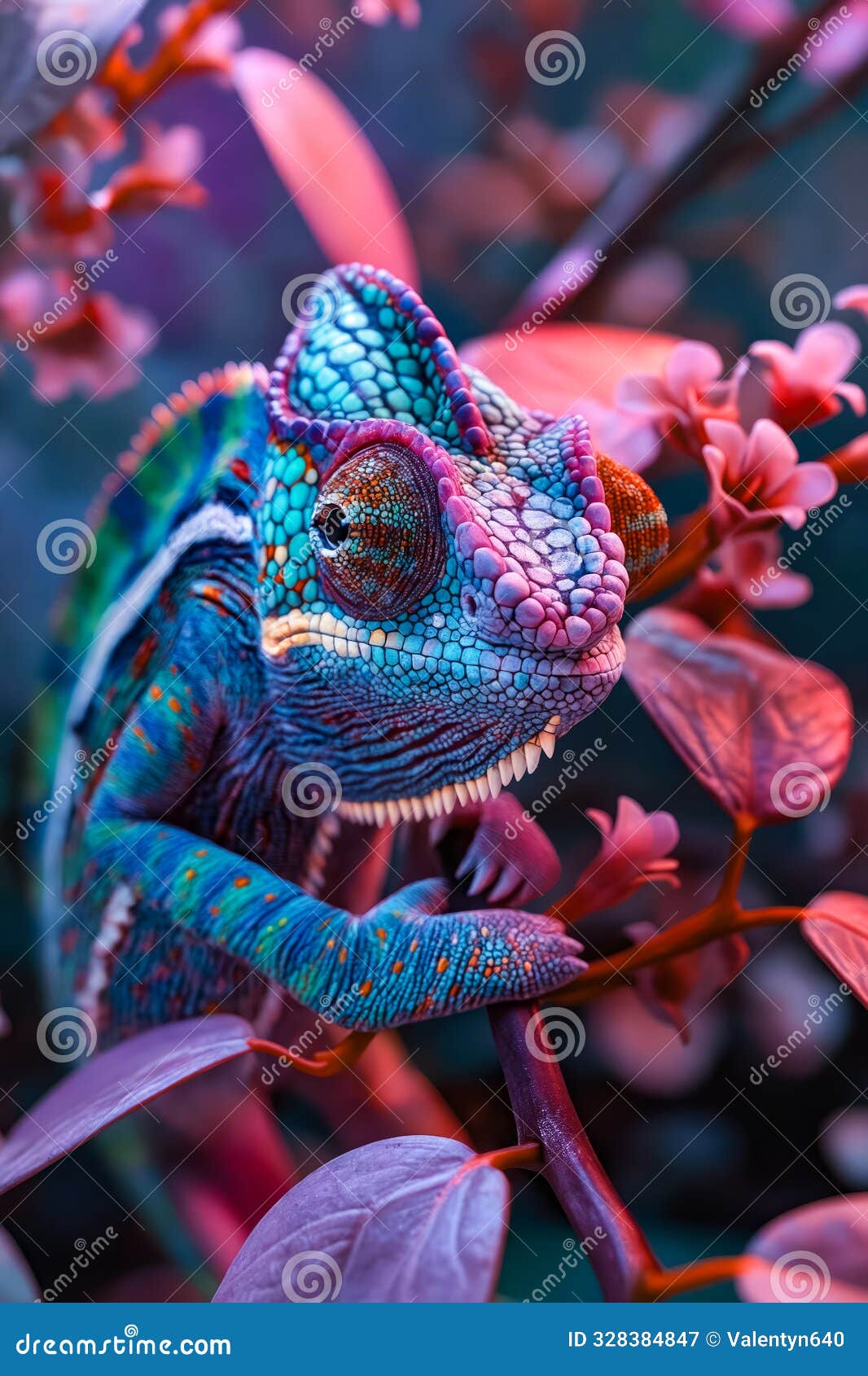 a colorful chameleon sitting on top of a tree branch. generative ai