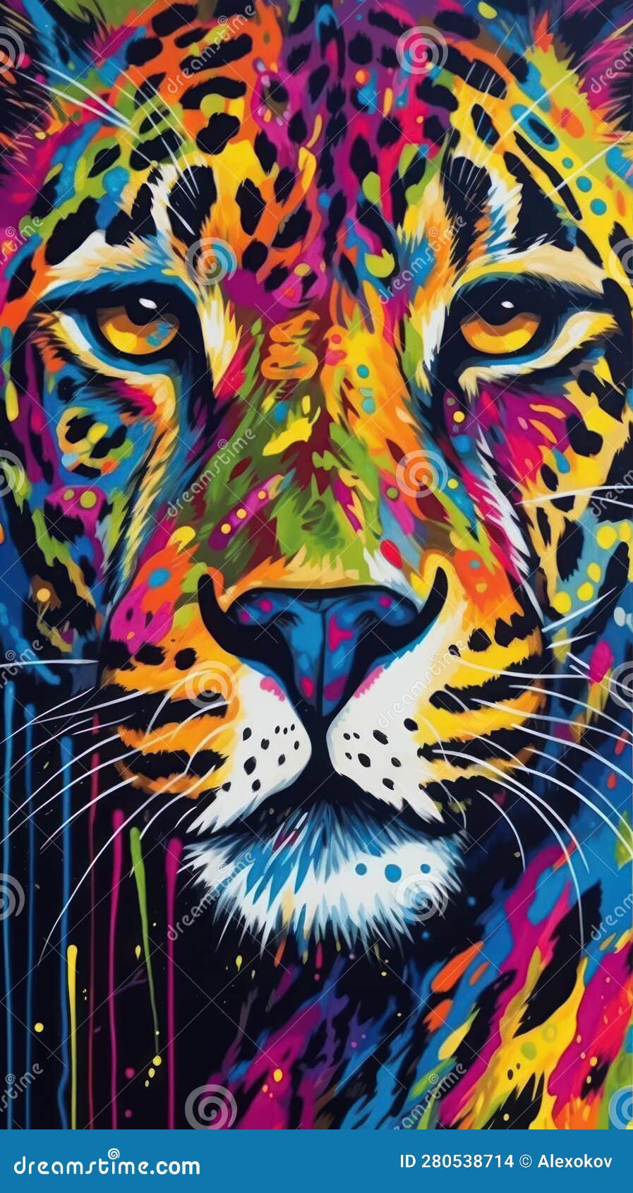 Colorful Cheetah Dripping Paint on Splatter Background in Lisa Frank ...