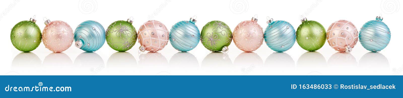 Christmas Balls in a Row on White Background, Xmas Banner Stock Image ...