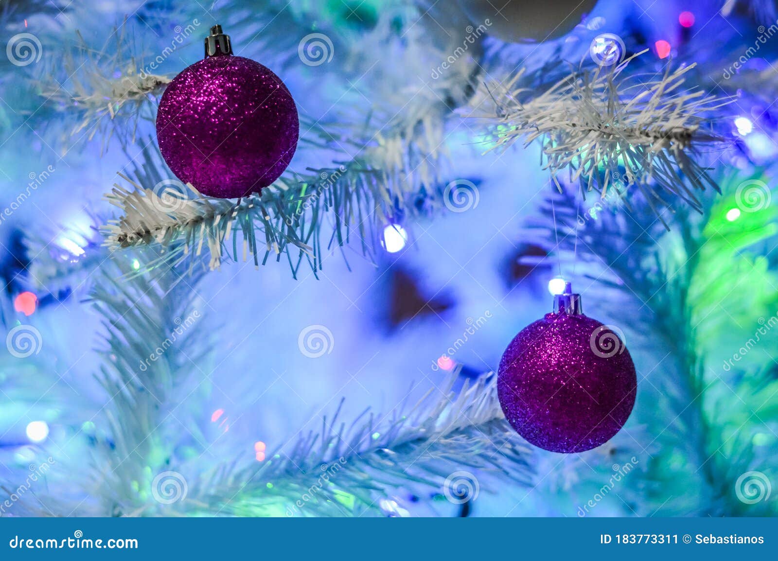 Colorful Christmas Balls on White Tree with Lights Stock Image - Image ...