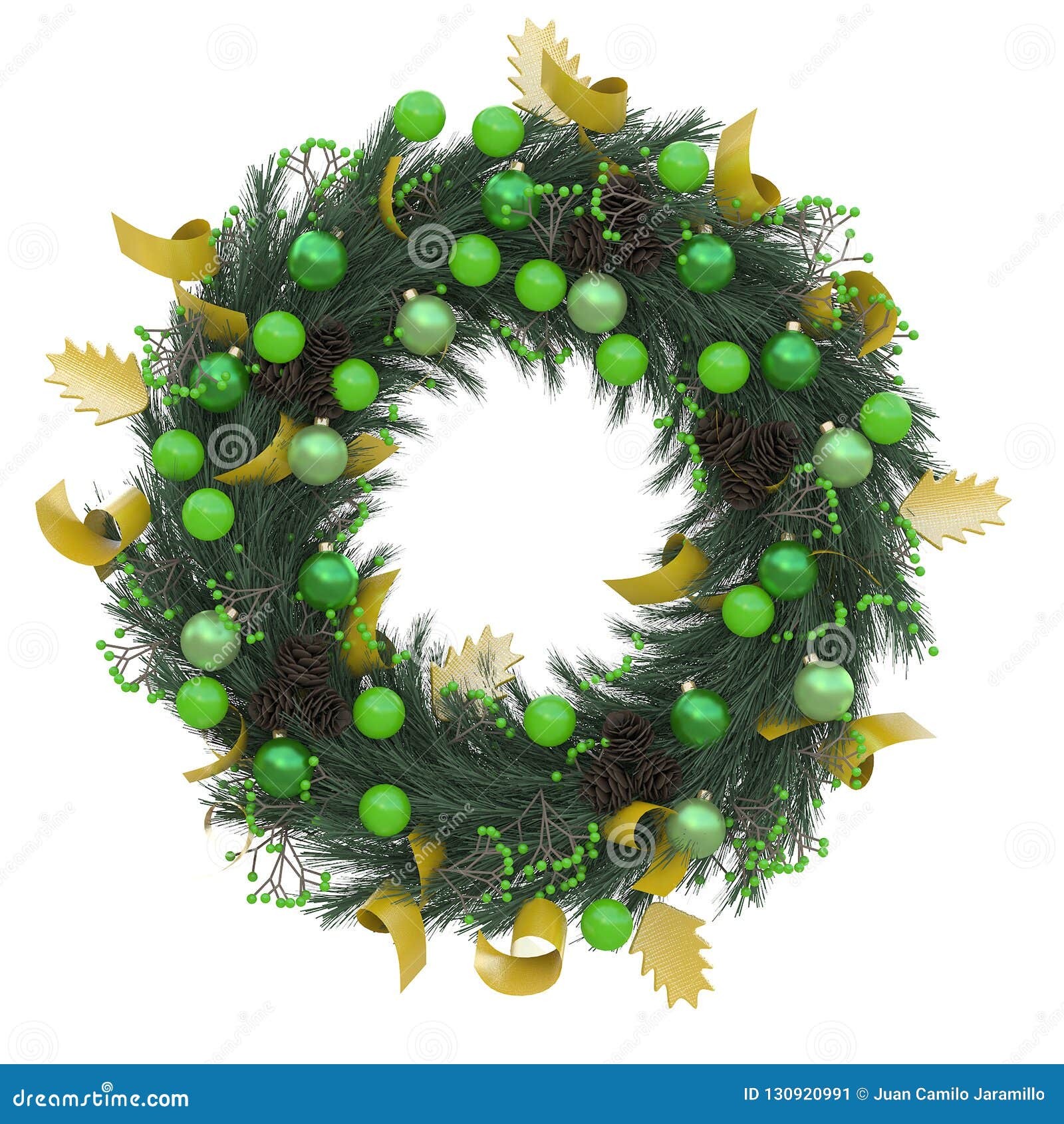 colorful christmas wreath  with red and yellow balls on a white background 3d rendering