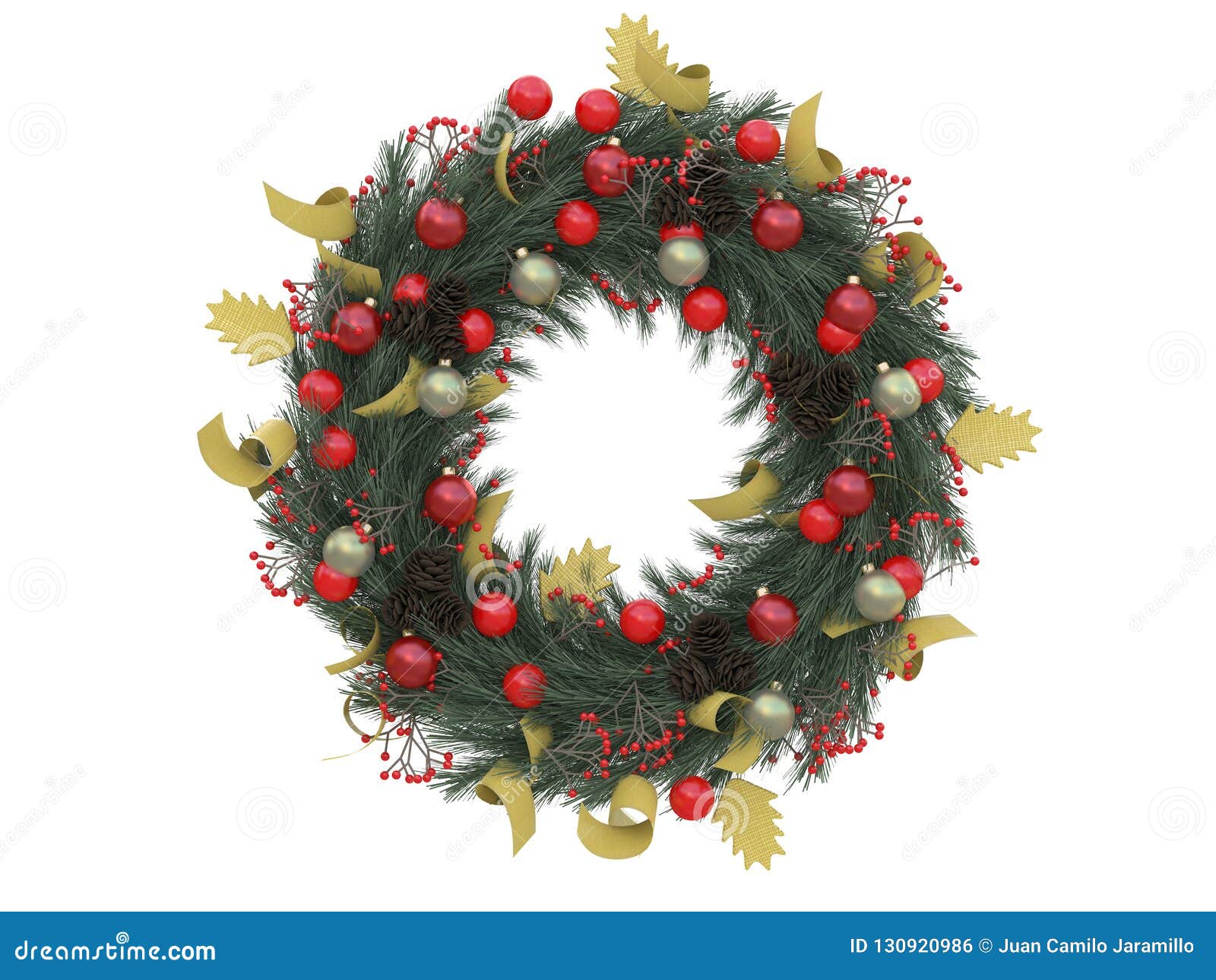 colorful christmas wreath  with red and yellow balls on a white background 3d rendering