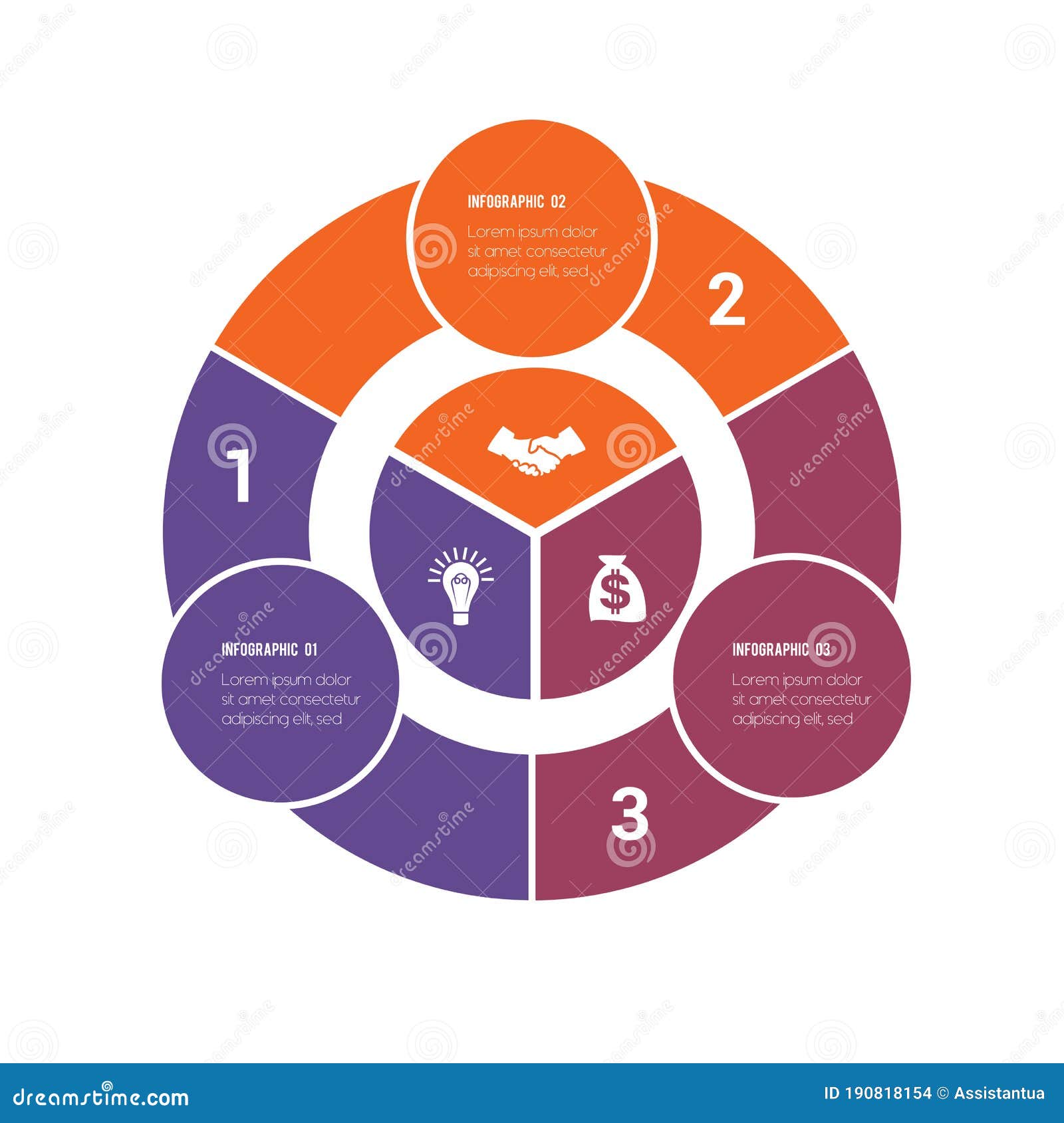 colorful circular infographics from ring and circles. 3 positions for textual information. use for business presentations is