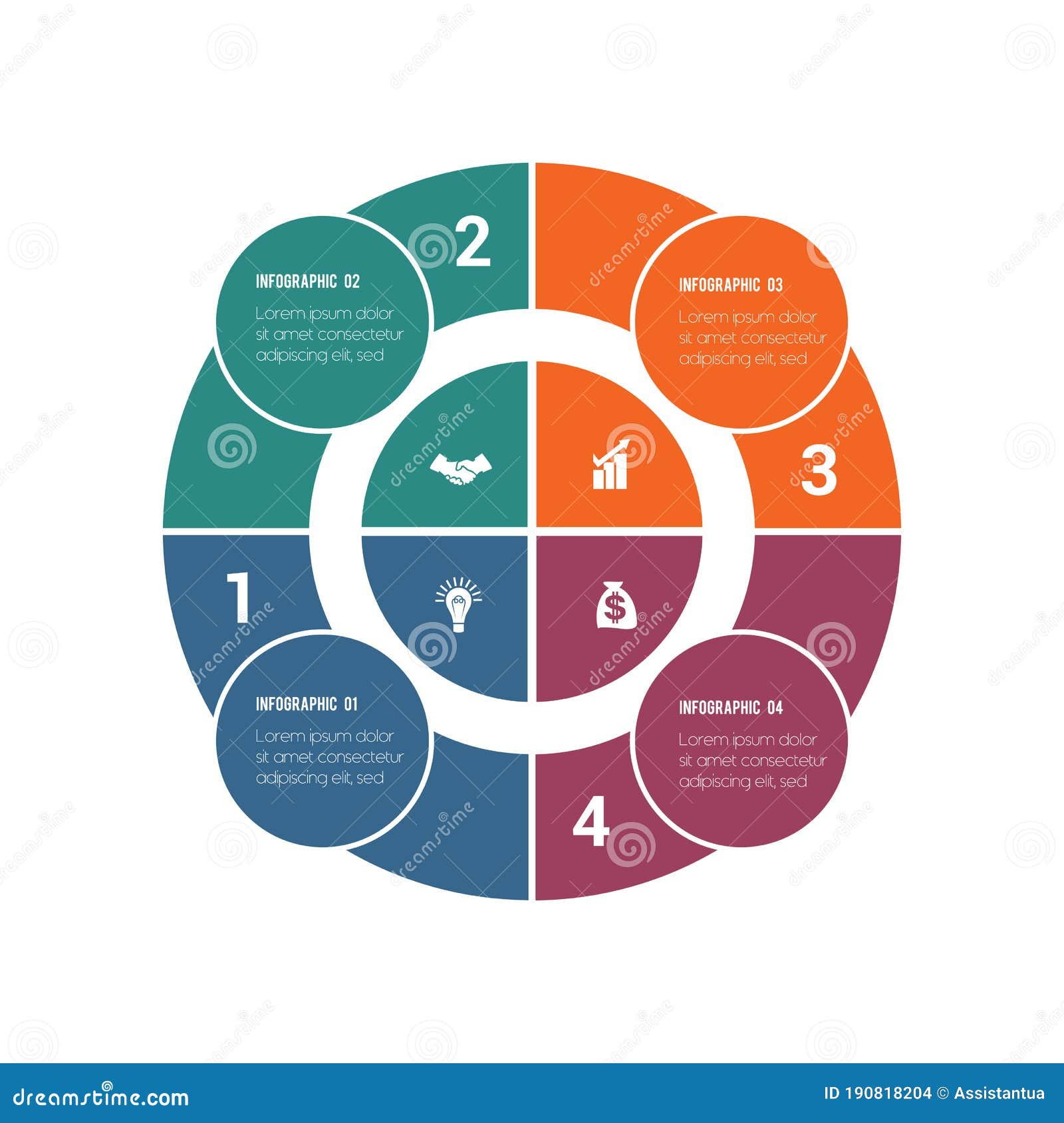 colorful circular infographics from ring and circles. 4 positions for textual information. use for business presentations is