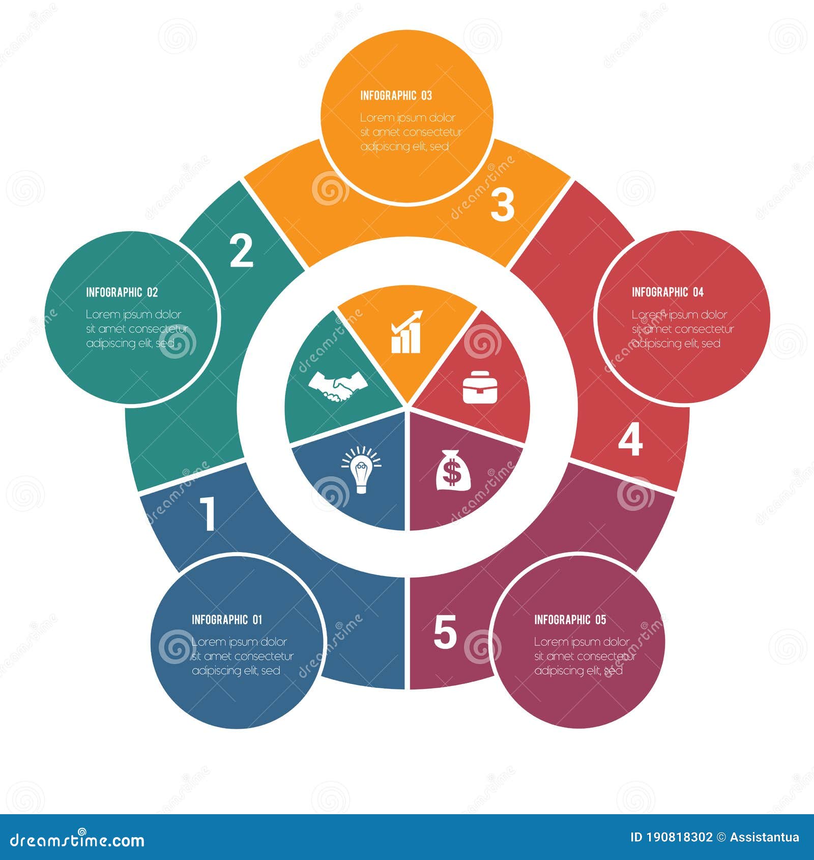 colorful circular infographics from ring and circles. 5 positions for textual information. use for business presentations is