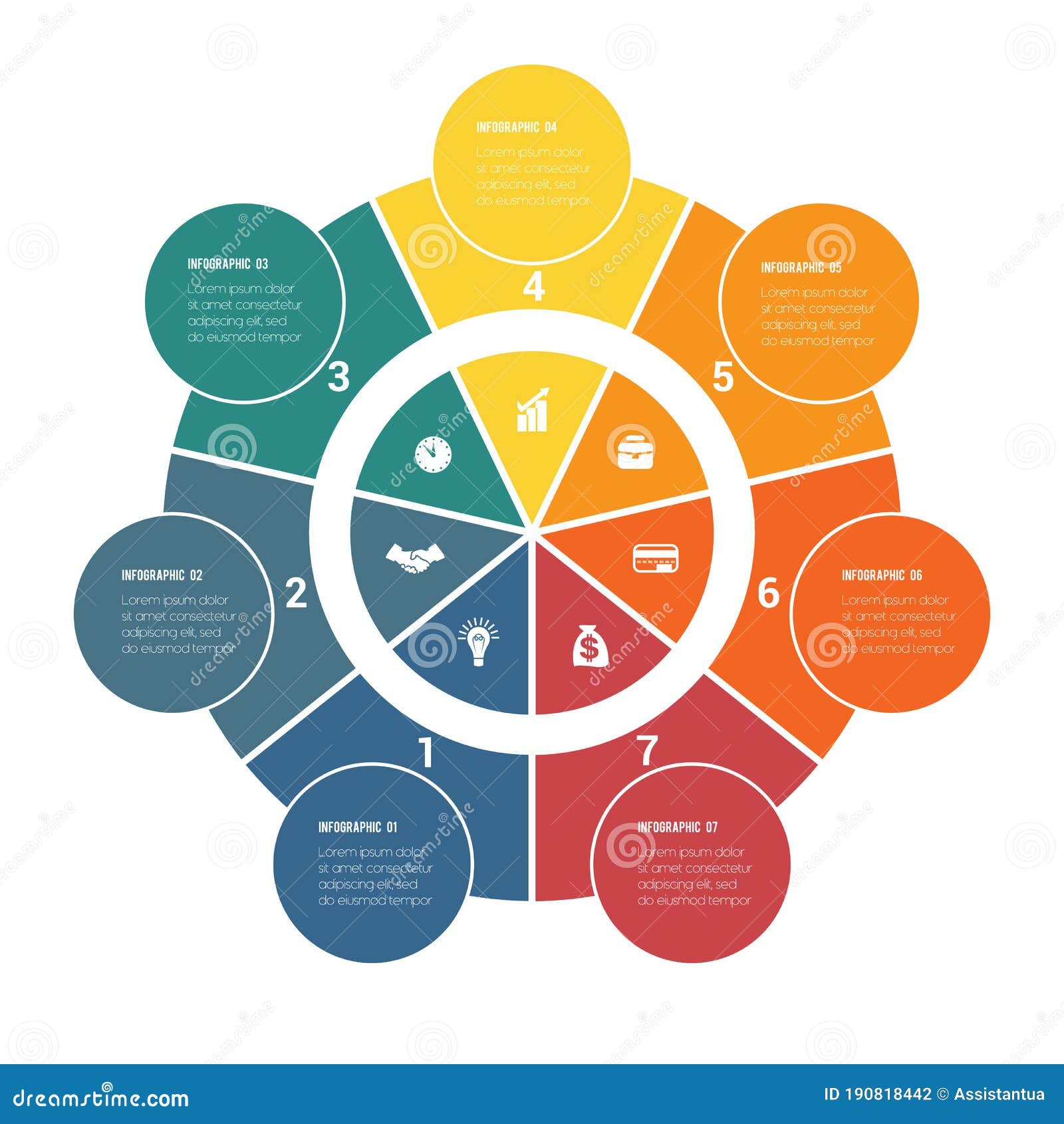 colorful circular infographics from ring and circles. 7 positions for textual information. use for business presentations is
