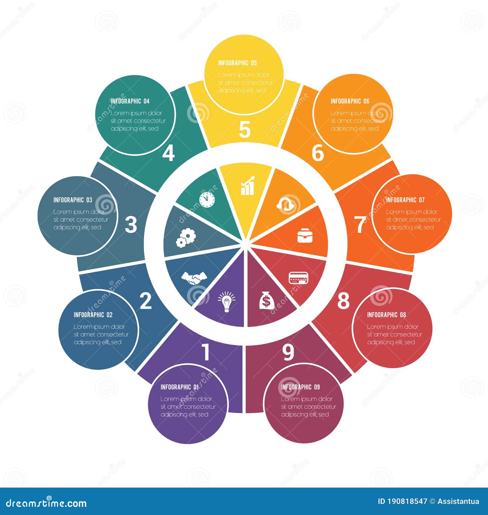 colorful circular infographics from ring and circles. 9 positions for textual information. use for business presentations is