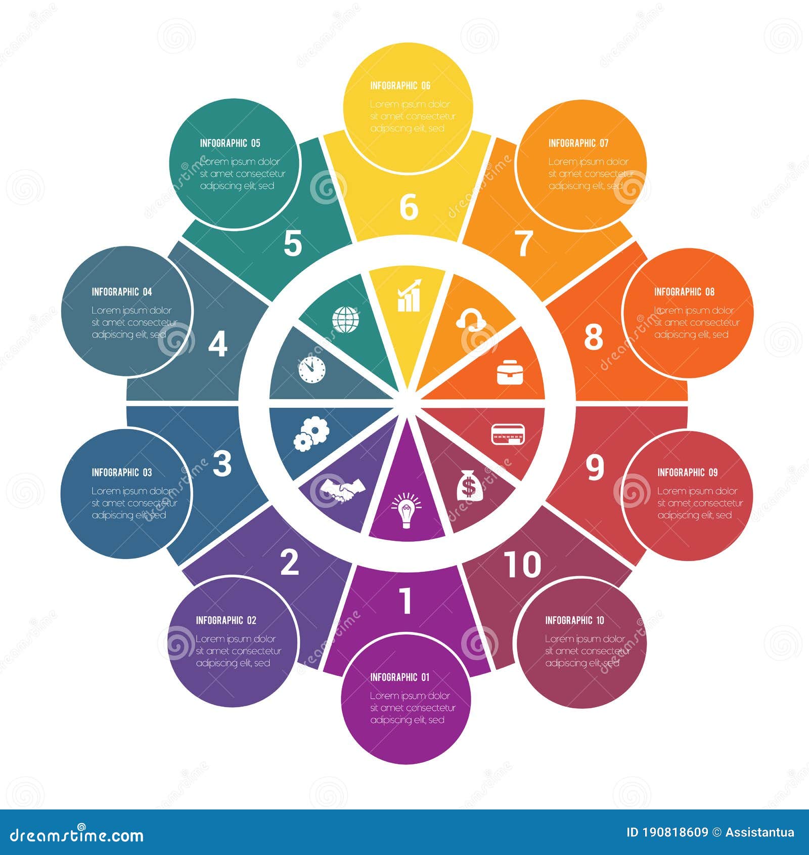 colorful circular infographics from ring and circles. 10 positions for textual information. use for business presentations is