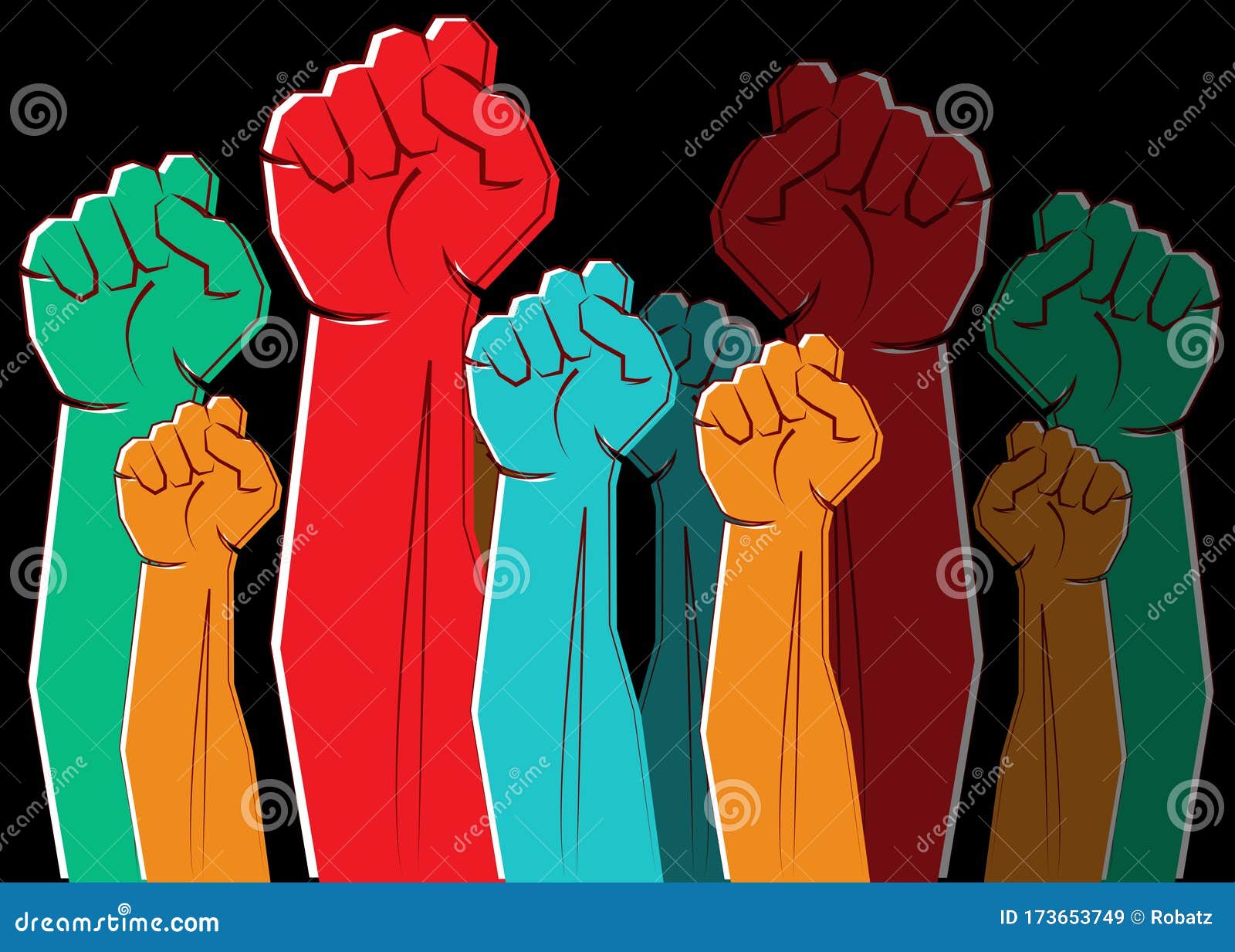 colorful clenched fists hands raised in the air. protest, strength, freedom, revolution, rebel, revolt concept  