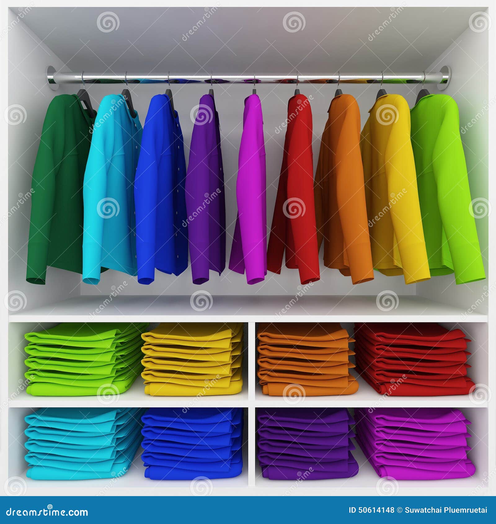 colorful clothes hanging and stack of clothing in wardrobe