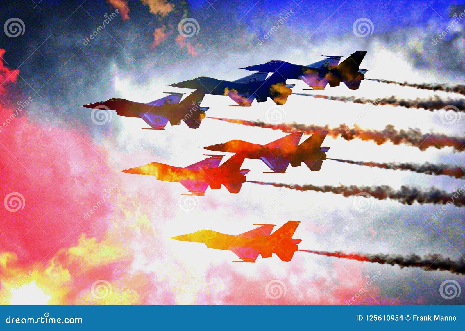 colorful cluster of air force jets flying in the clouds - teamwork!