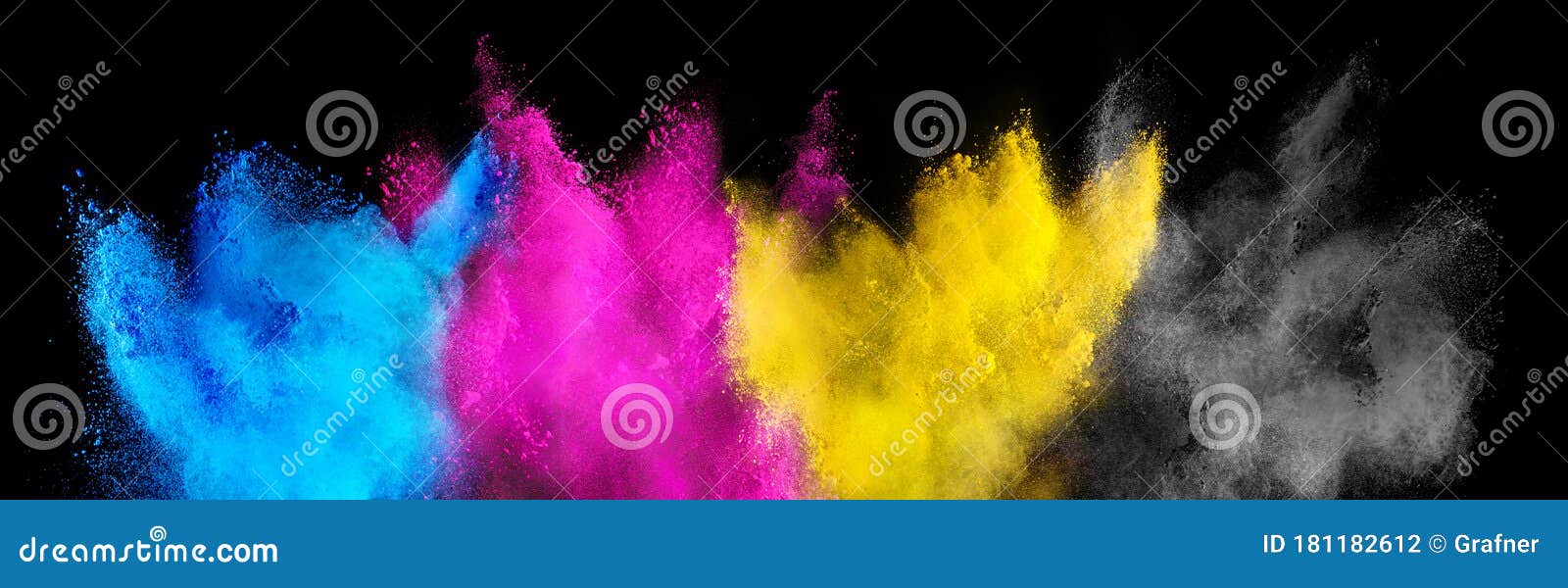 colorful cmyk cyan magenta yellow key holi paint color powder explosion  dark black background. printing print business