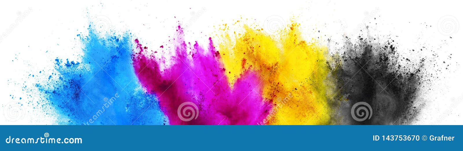 colorful cmyk cyan magenta yellow key holi paint color powder explosion print concept  white background