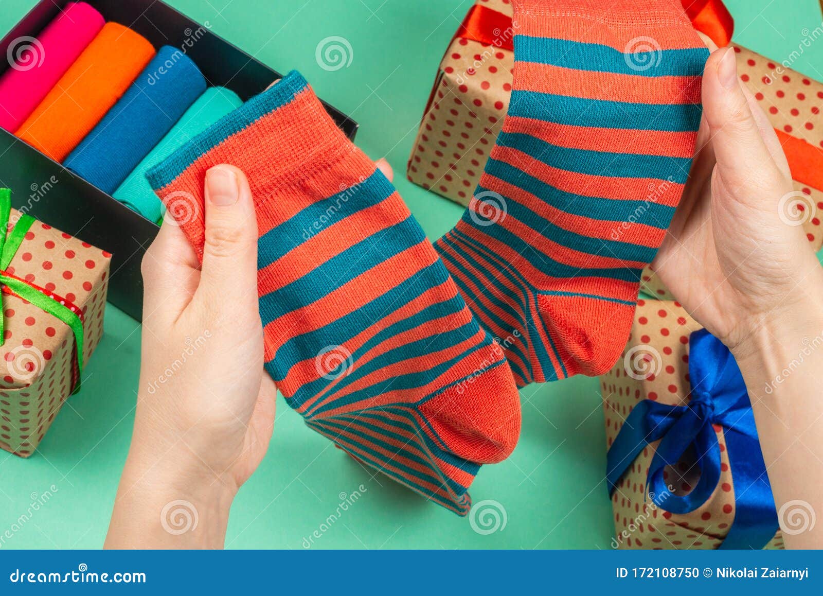 Colorful Collection of Cotton Socks As a Gift in Woman Hands Stock ...