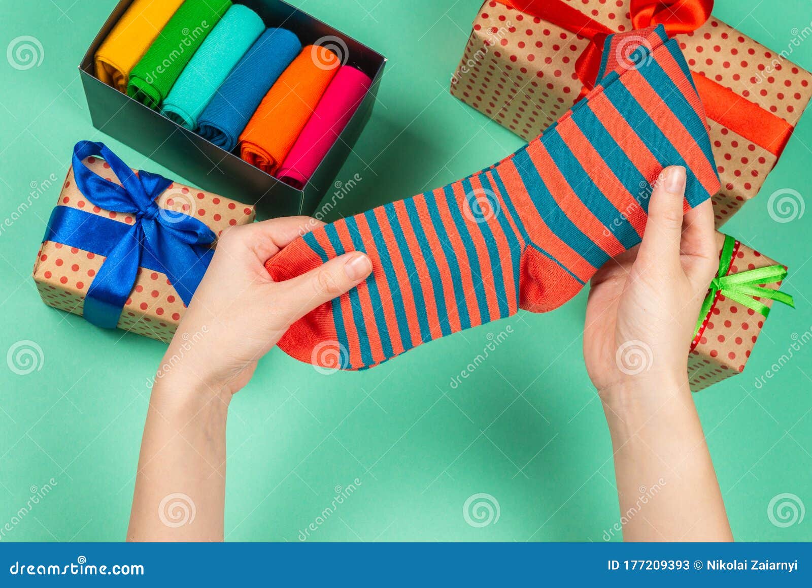 Colorful Collection of Cotton Socks As a Gift in Woman Hands Stock ...