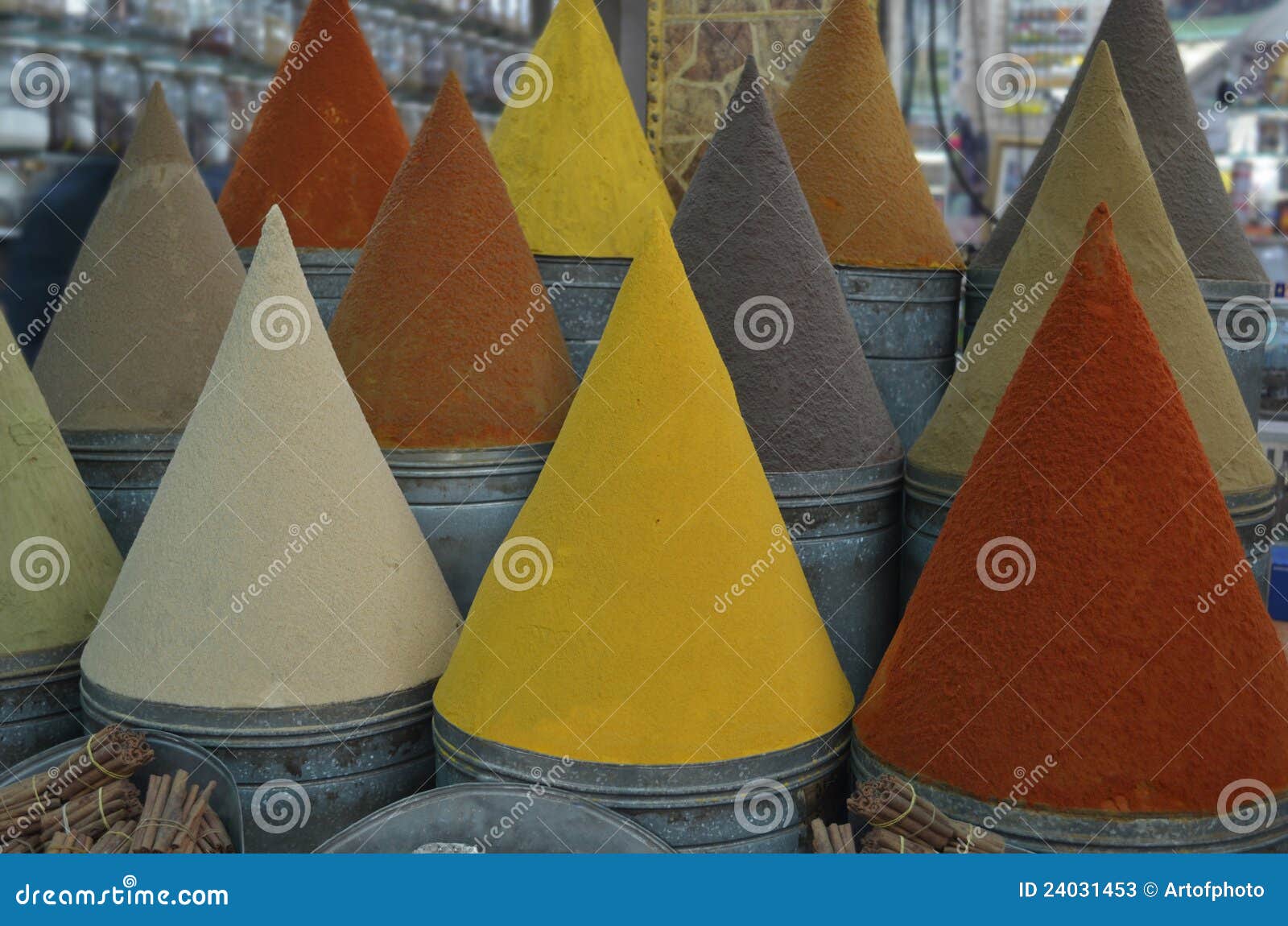 Colorful cones of spices stock image. Image of cinnamon 24031453