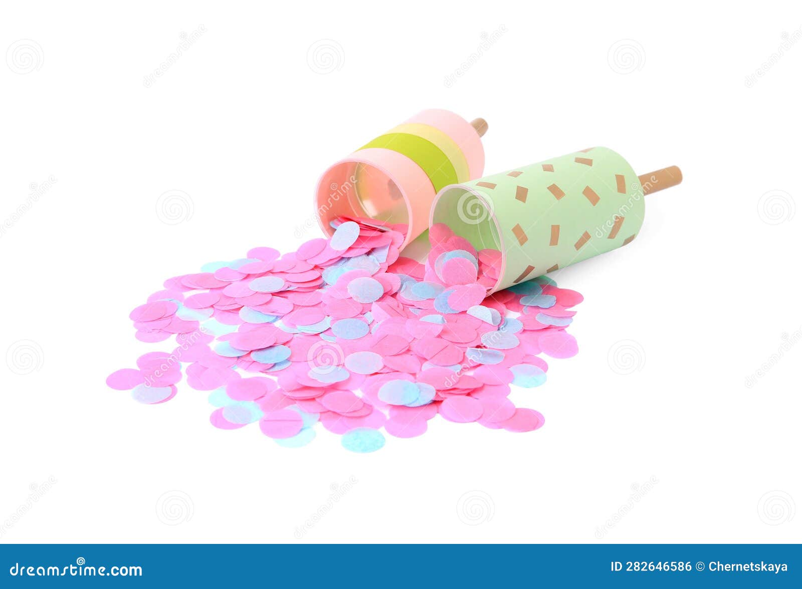 Colorful Confetti with Pink Party Crackers Isolated on White Stock ...