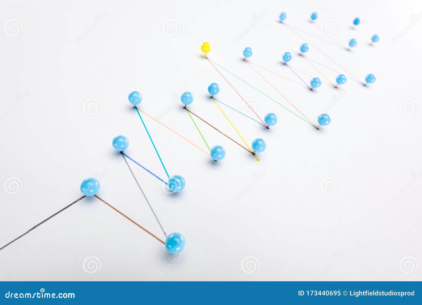 colorful connected drawn lines with pins, connection and leadership concept.
