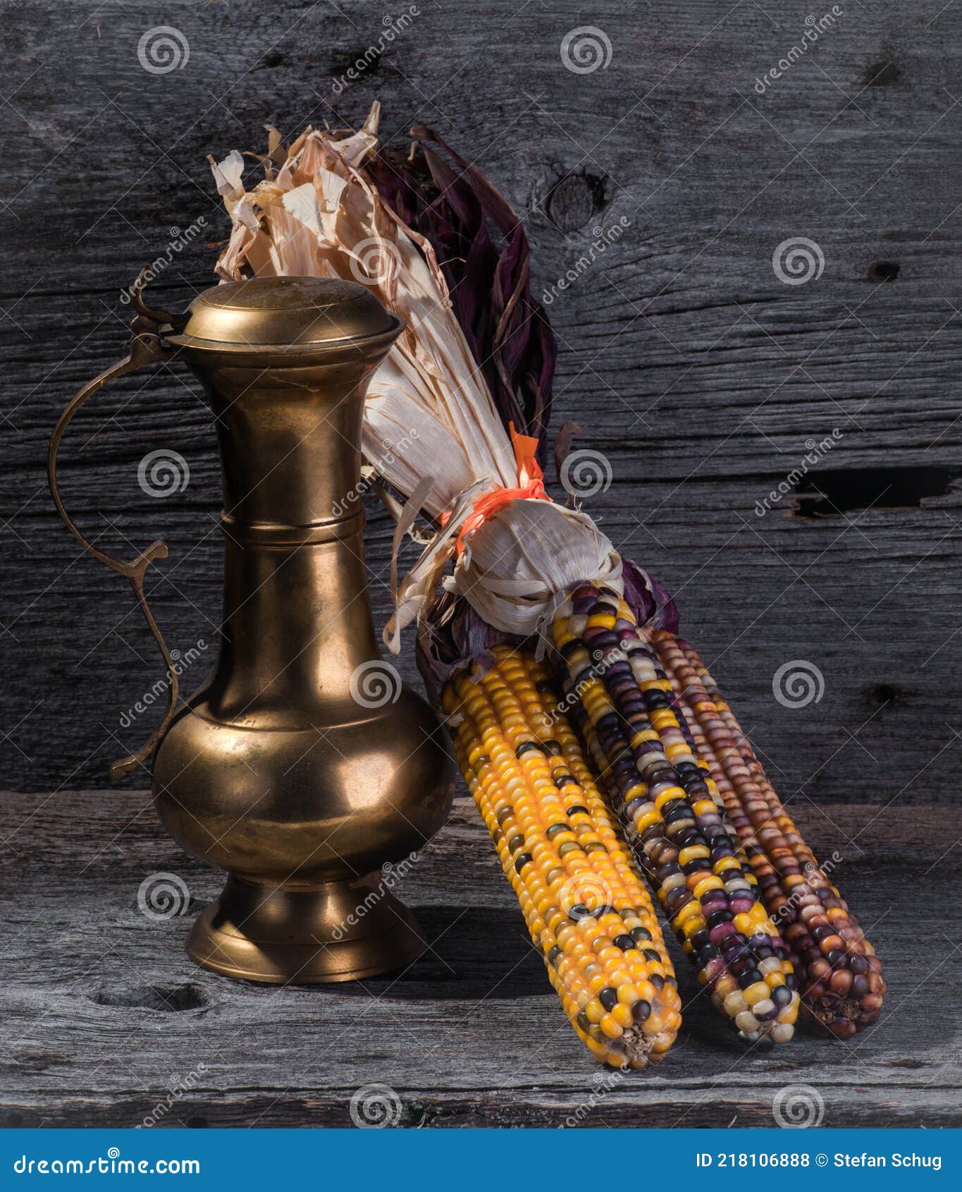 Colorful Corn on the Cob with Brass Wine Vessel Stock Photo Image of