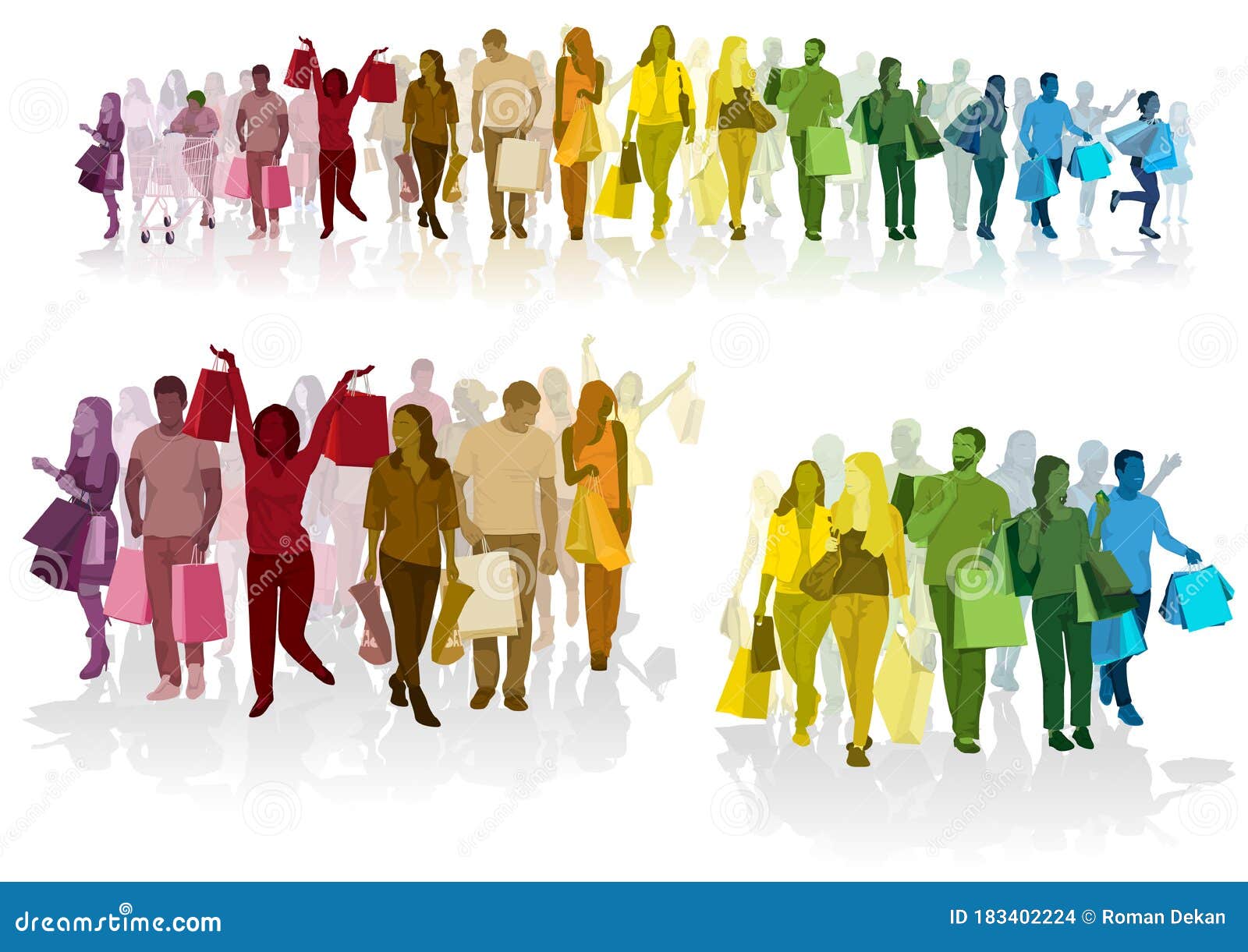 Colorful Crowd of Shopping People Carrying Shopping Bags with Purchases - Colored Set for Your Graphic Projects, Vector Illustration