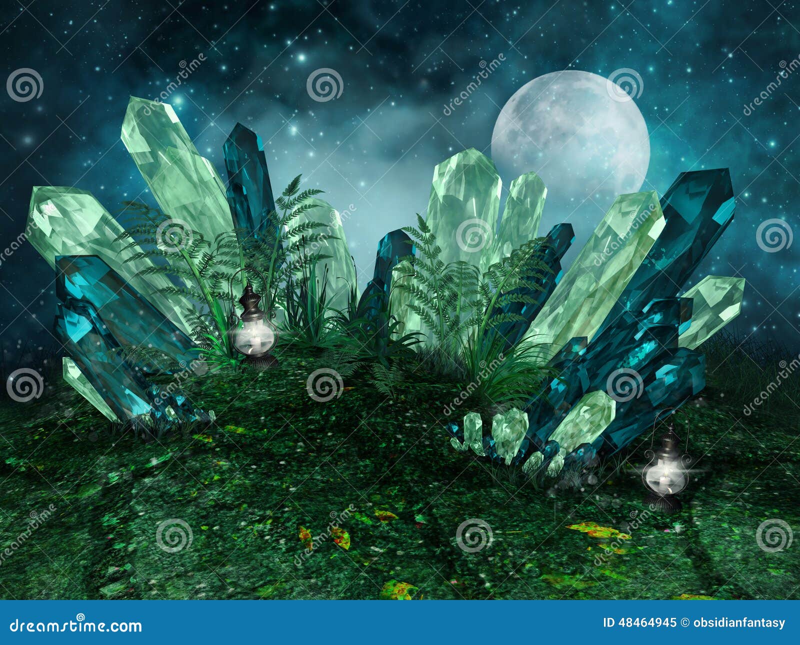 Colorful crystals and moon stock illustration. Illustration of colorful