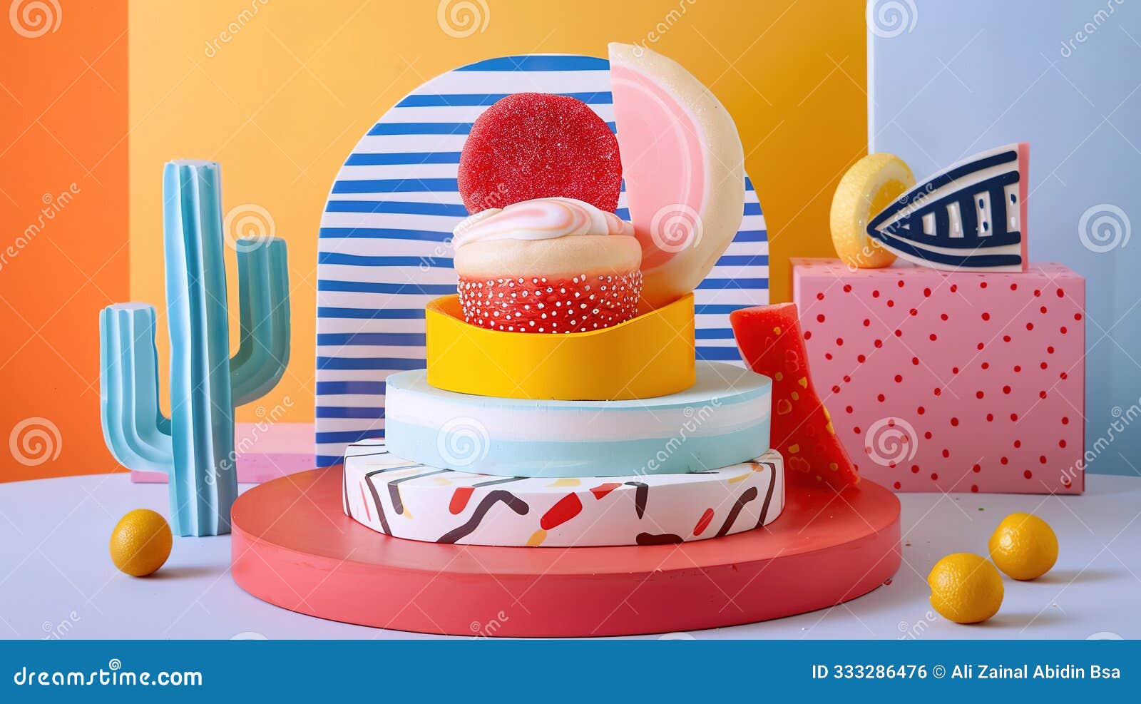 colorful cupcake display with geometric s